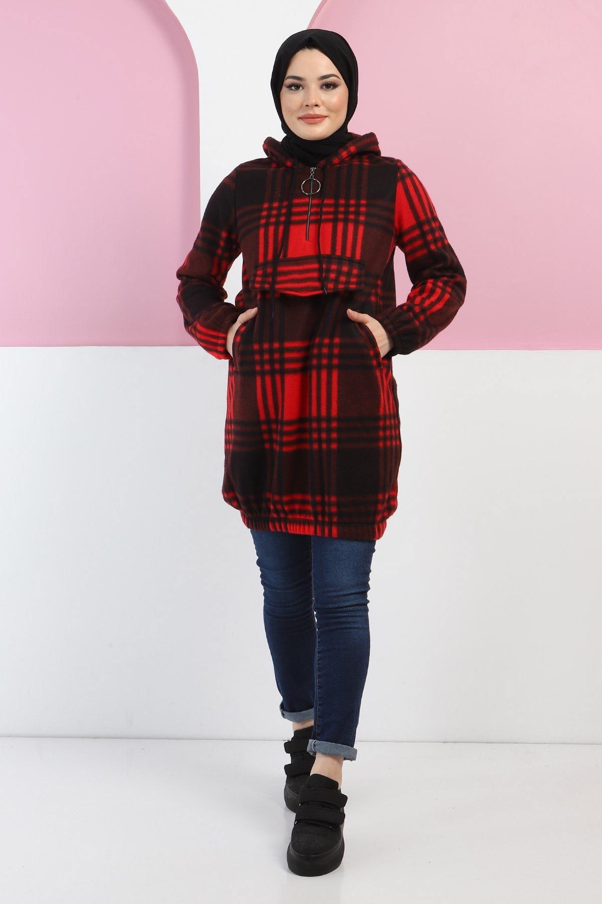 Kapşonlu Fermuarlı Polar Sweatshirt Bordo 10901