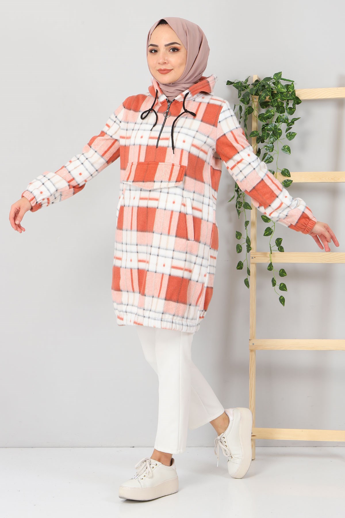 Kapşonlu Fermuarlı Polar Sweatshirt Kiremit 10901