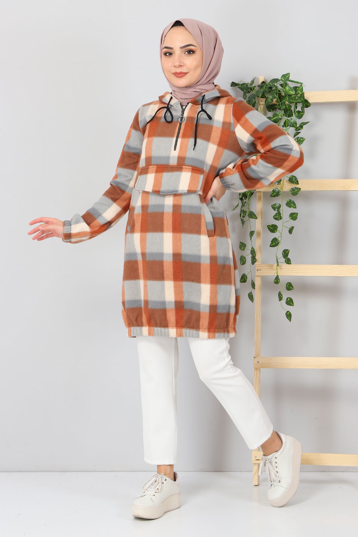 Kapşonlu Fermuarlı Polar Sweatshirt Taba 10901