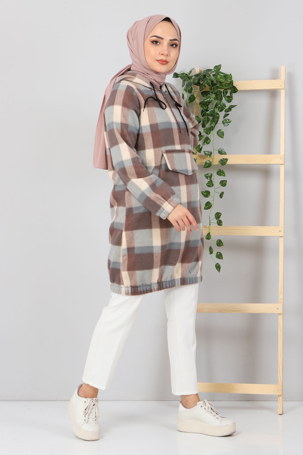 Kapşonlu Fermuarlı Polar Sweatshirt Vizon 10901