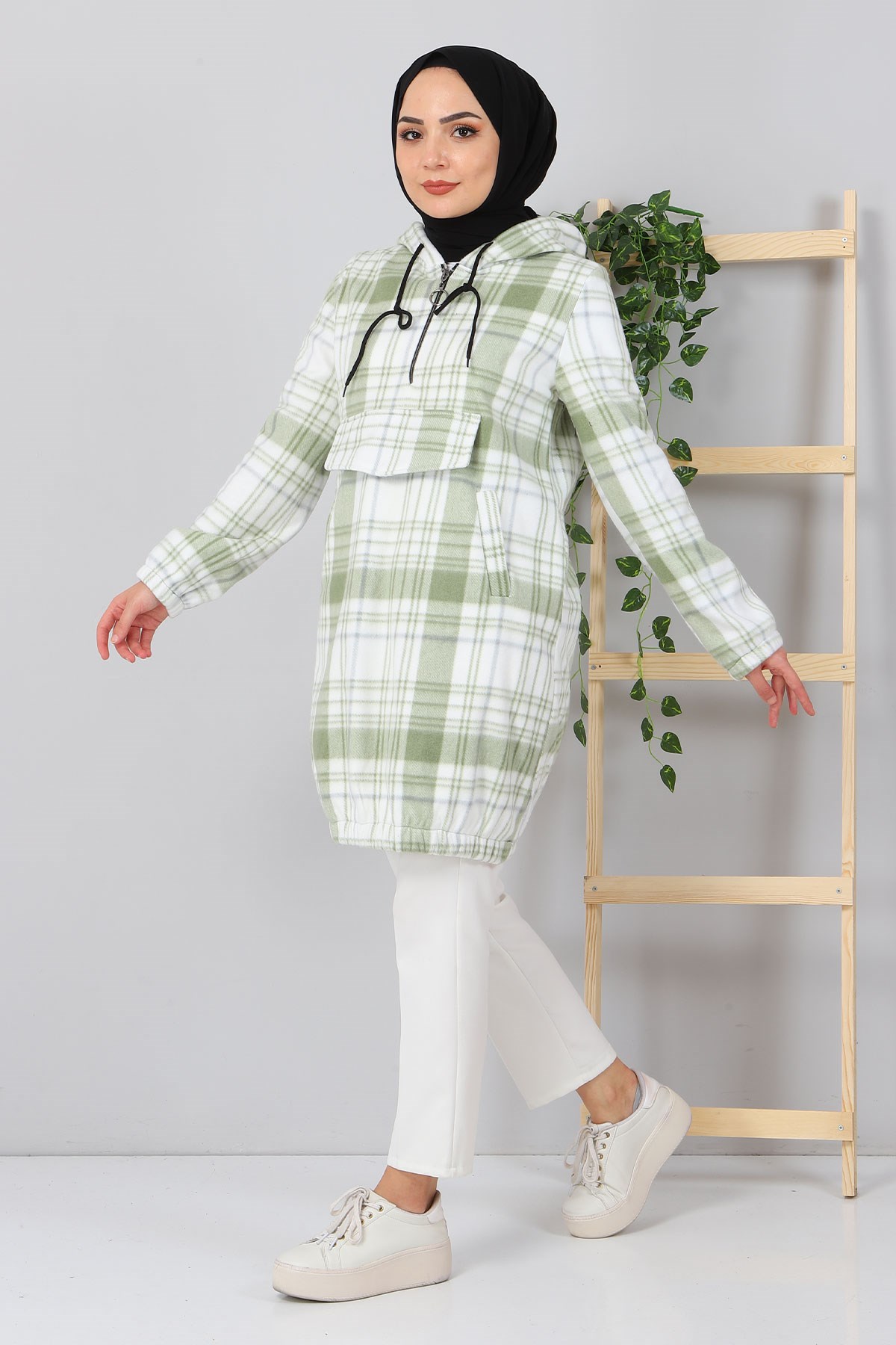 Kapşonlu Fermuarlı Polar Sweatshirt Yeşil 10901