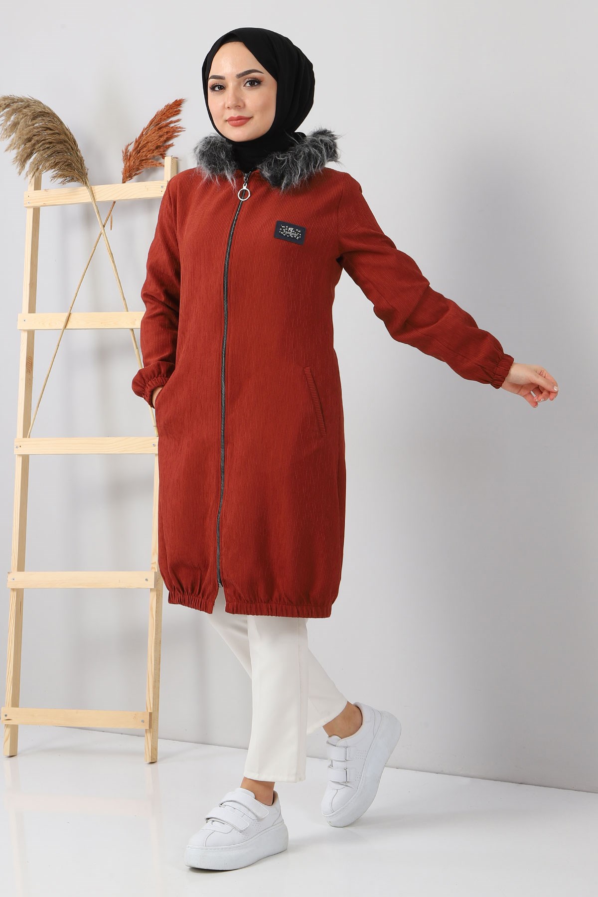 Kapşonlu Kadife Kap Kiremit 10285