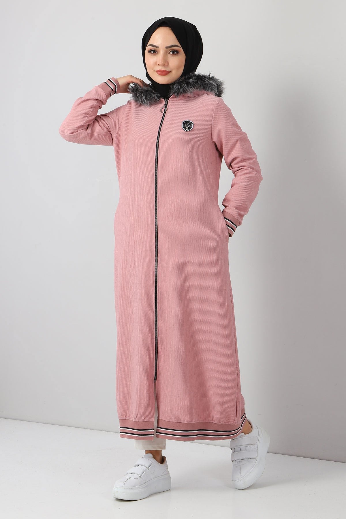 Kapşonlu Kadife Kap Pembe 11200