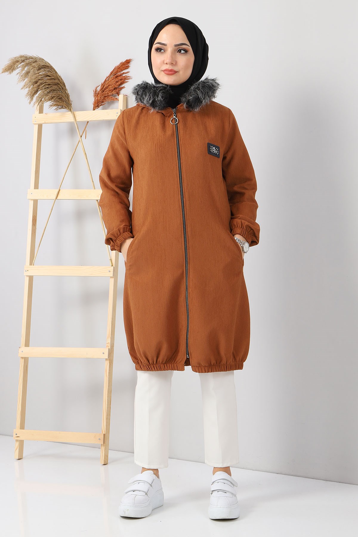 Kapşonlu Kadife Kap Taba 10285