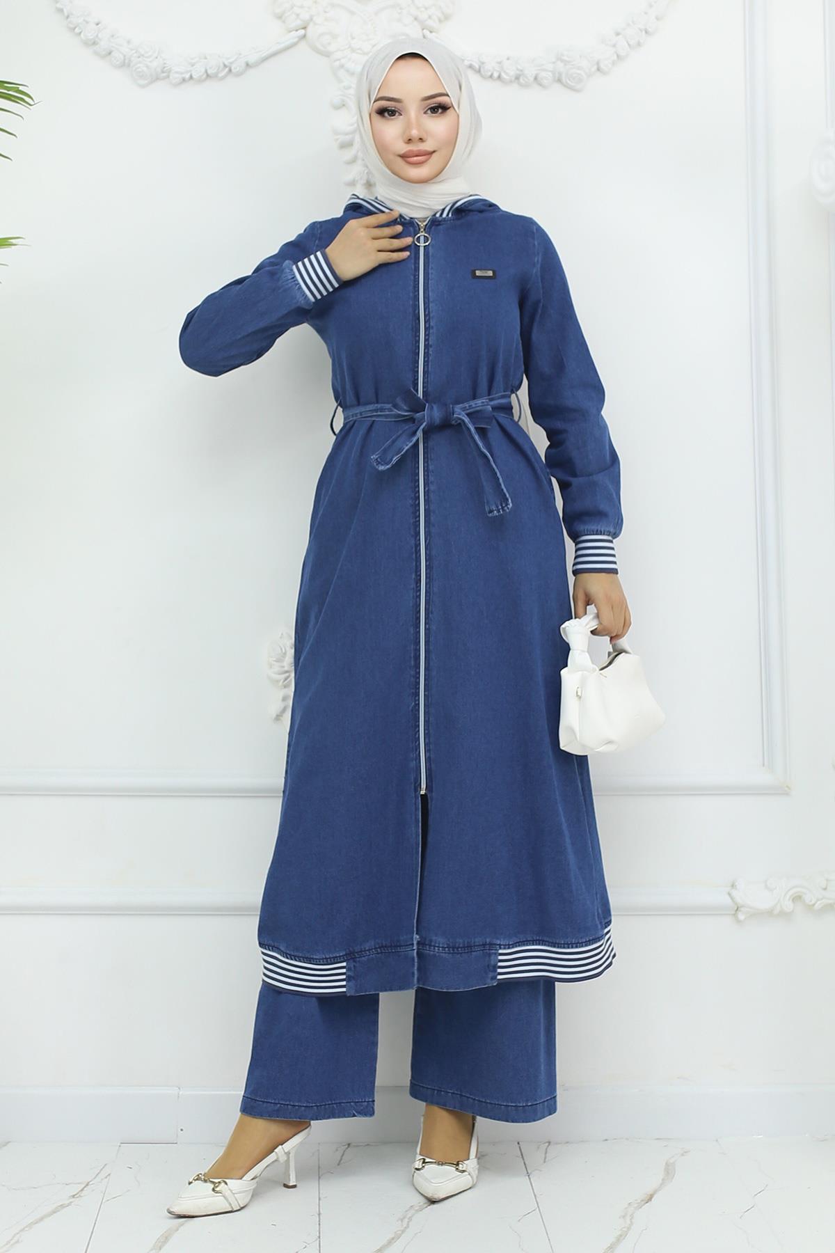 Kapşonlu Ribanalı Kot Takım Açık Kot 19244