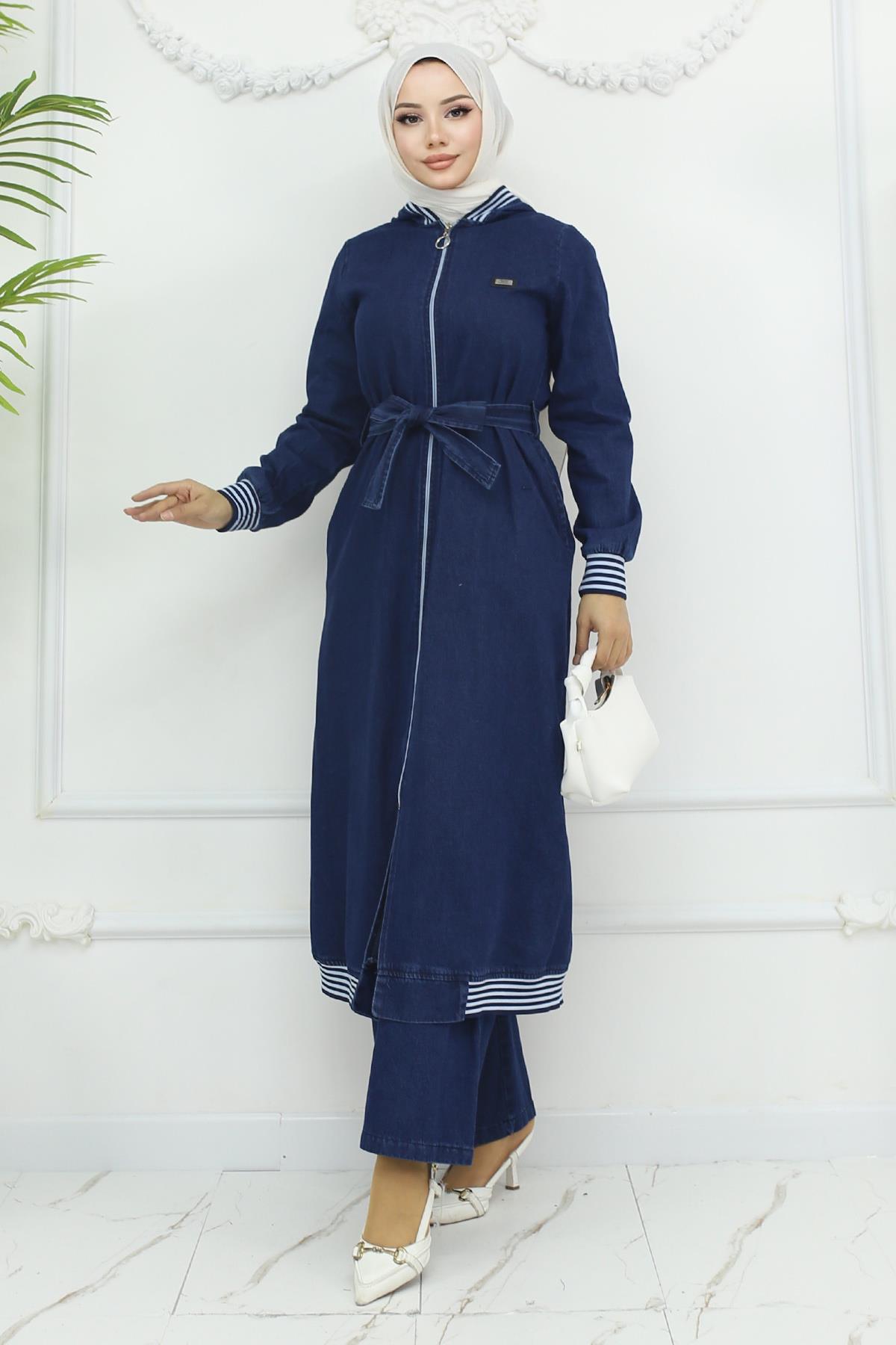 Kapşonlu Ribanalı Kot Takım Koyu Kot 19244