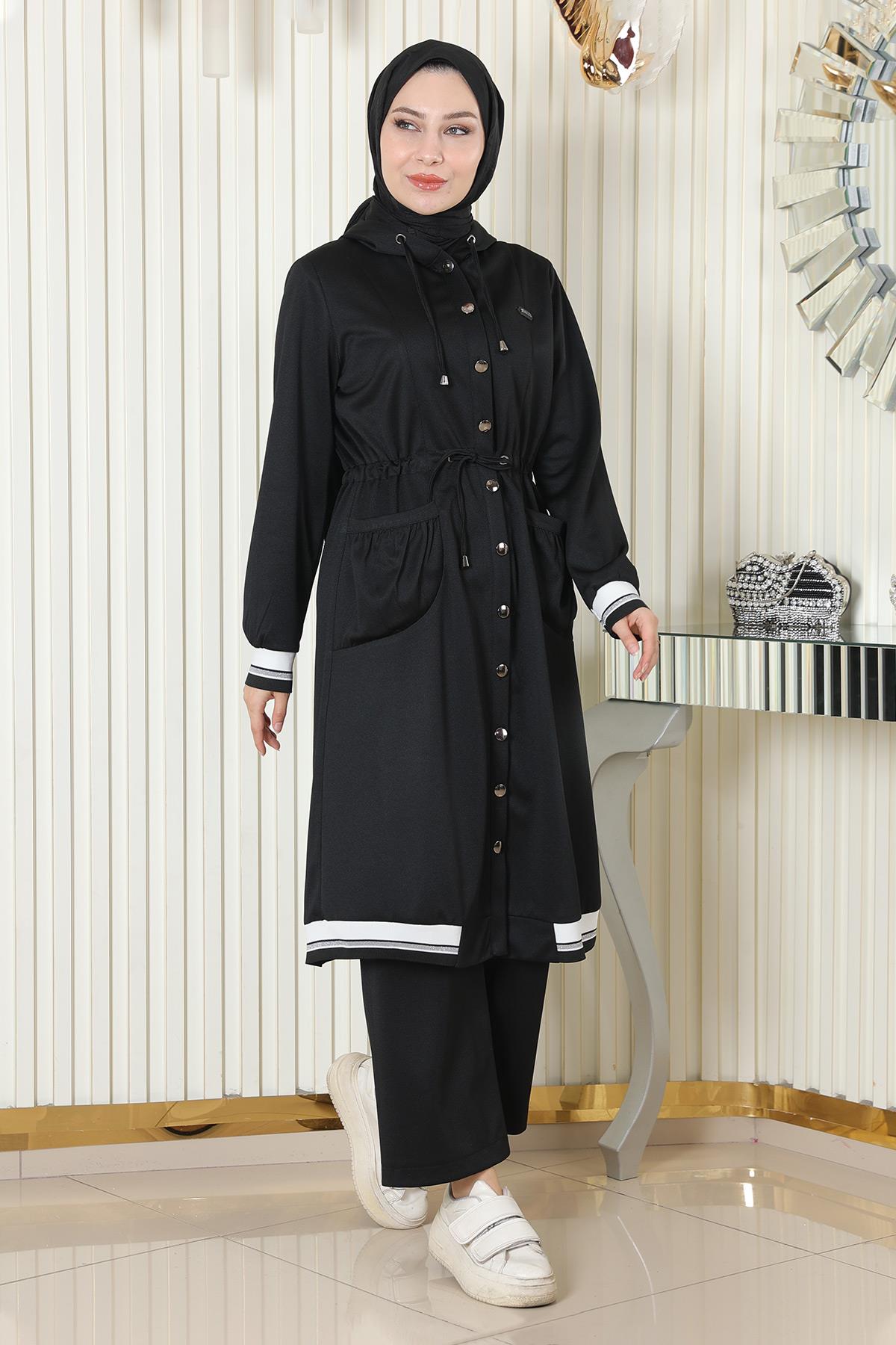 Kapşonlu Ribanalı Takım Siyah Siyah MSW19196-1