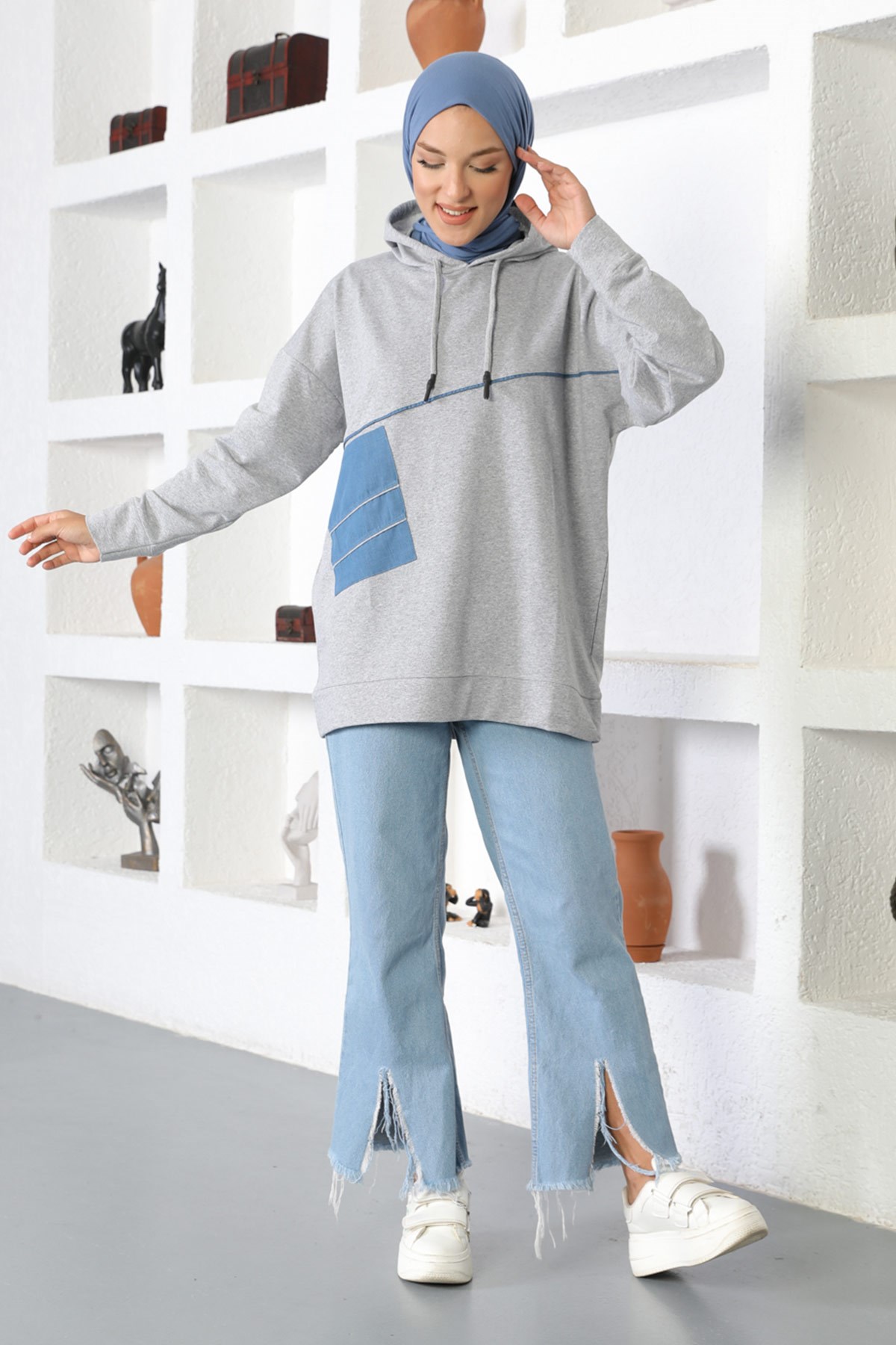 Kapşonlu Sweatshirt Gri 6042