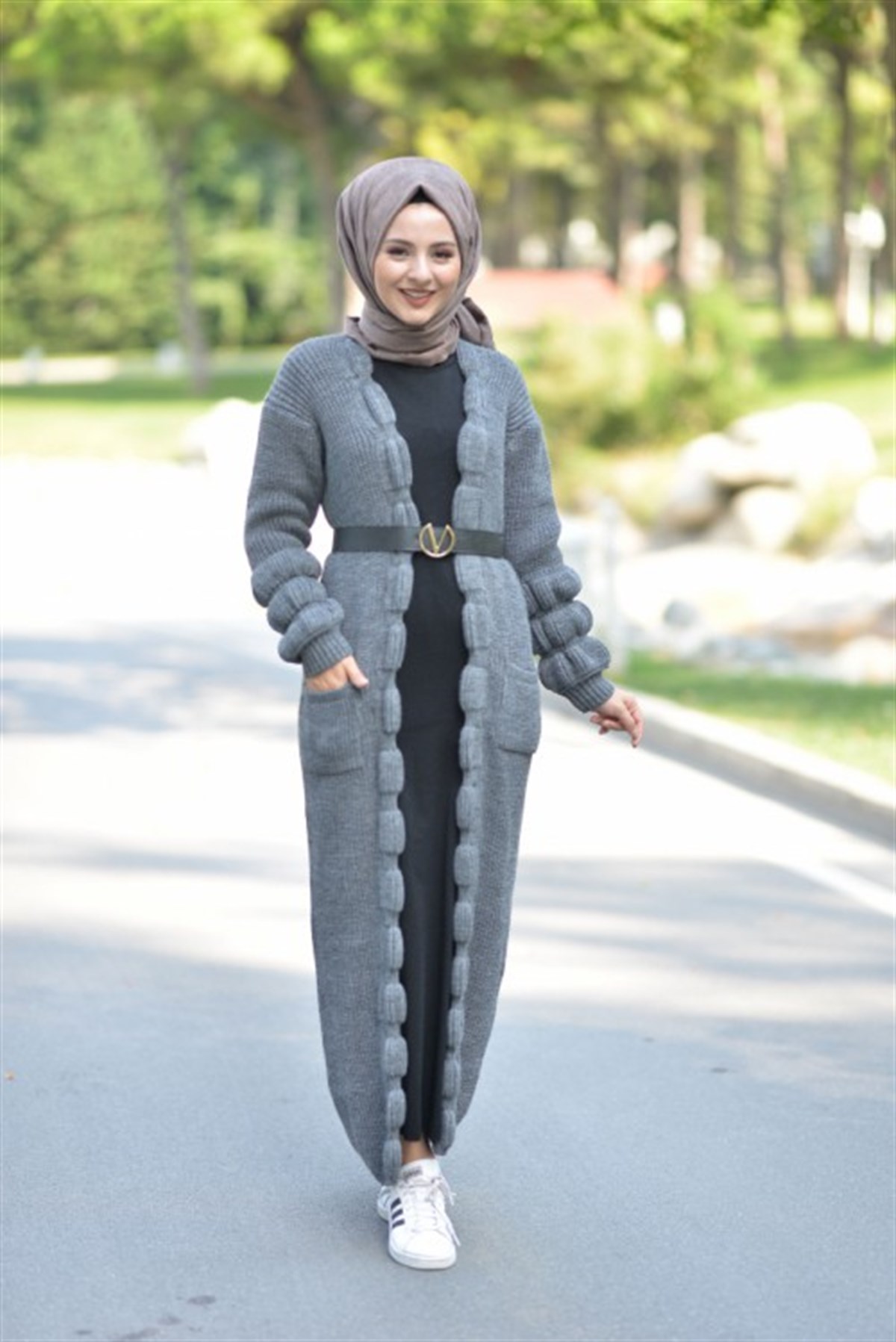 Kemer Detay Triko Elbise Gri Gri 5130-2