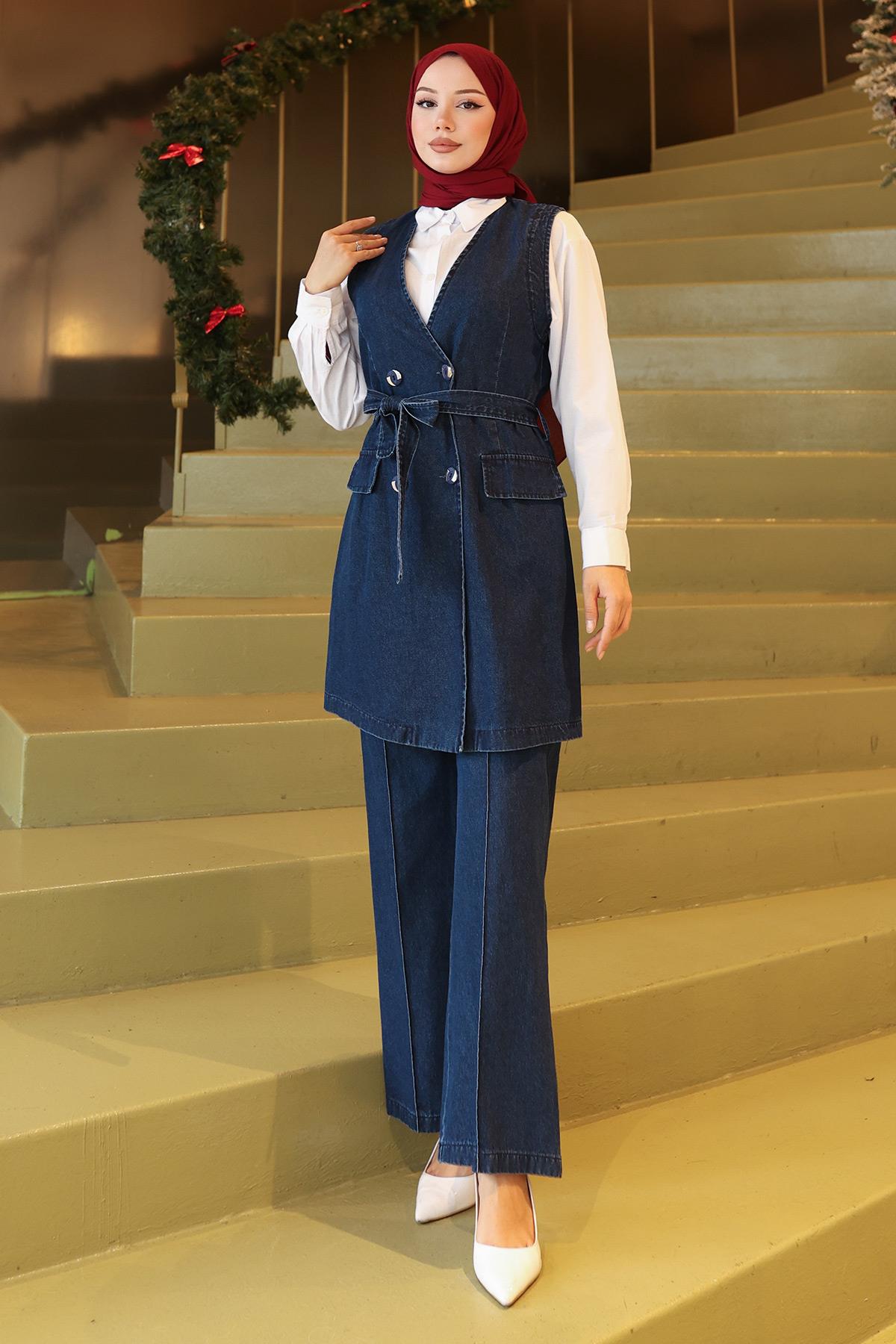 Kemer Detaylı İkili Takım Koyu Kot 19232