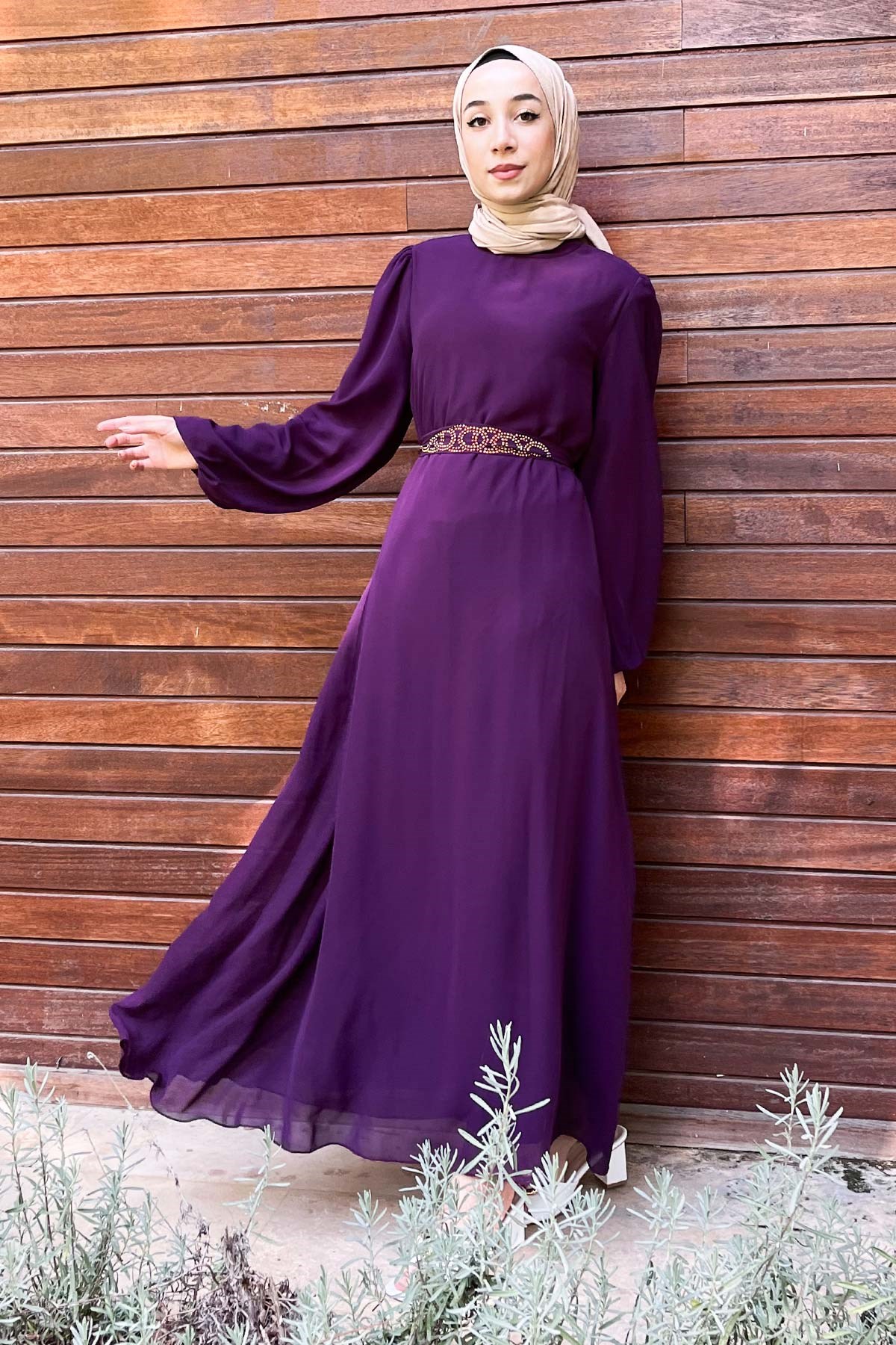 Kemer Detaylı Şifon Abiye Mürdüm 13800