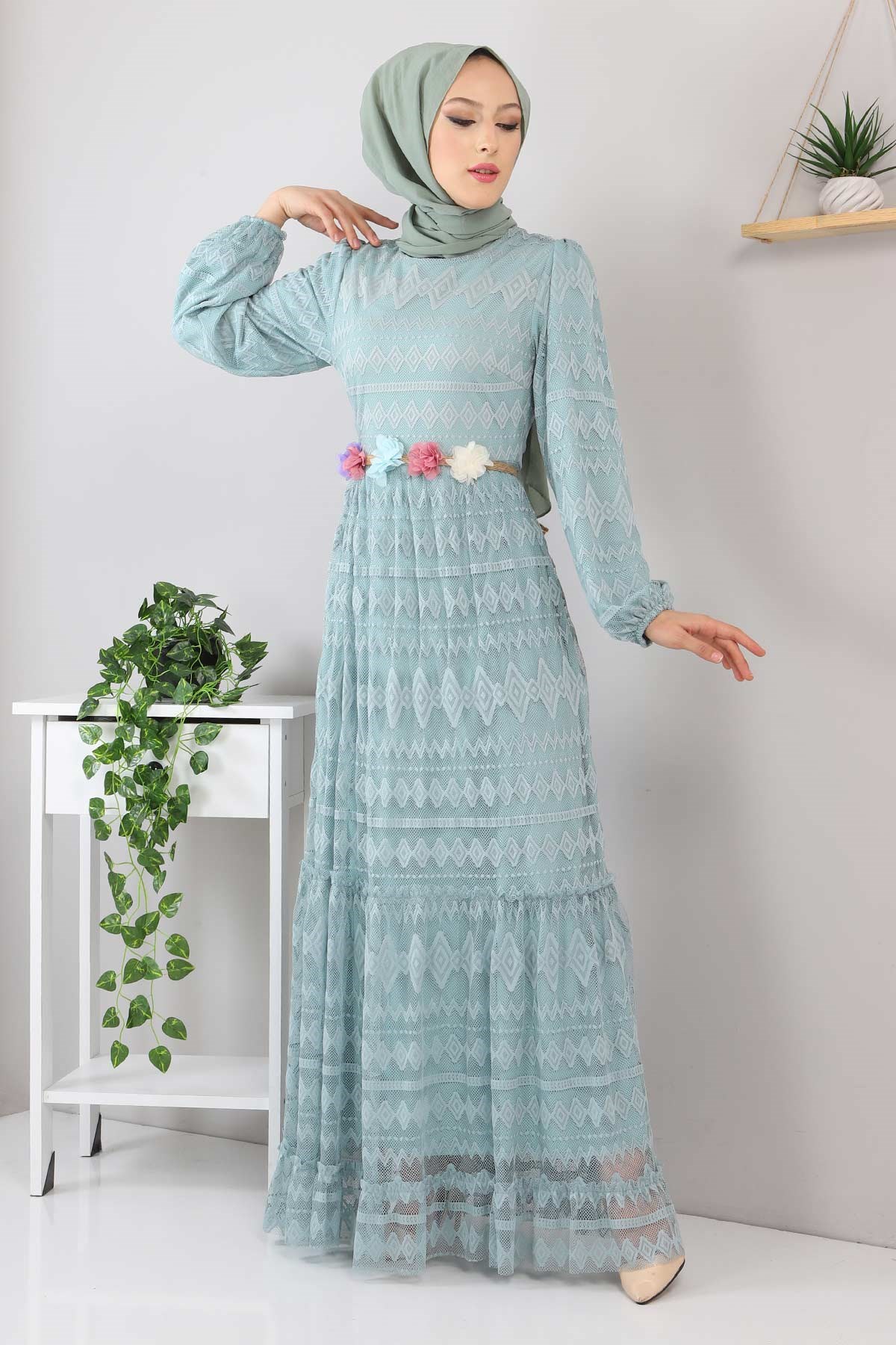 Kemeri Çiçekli Elbise Mint 10241