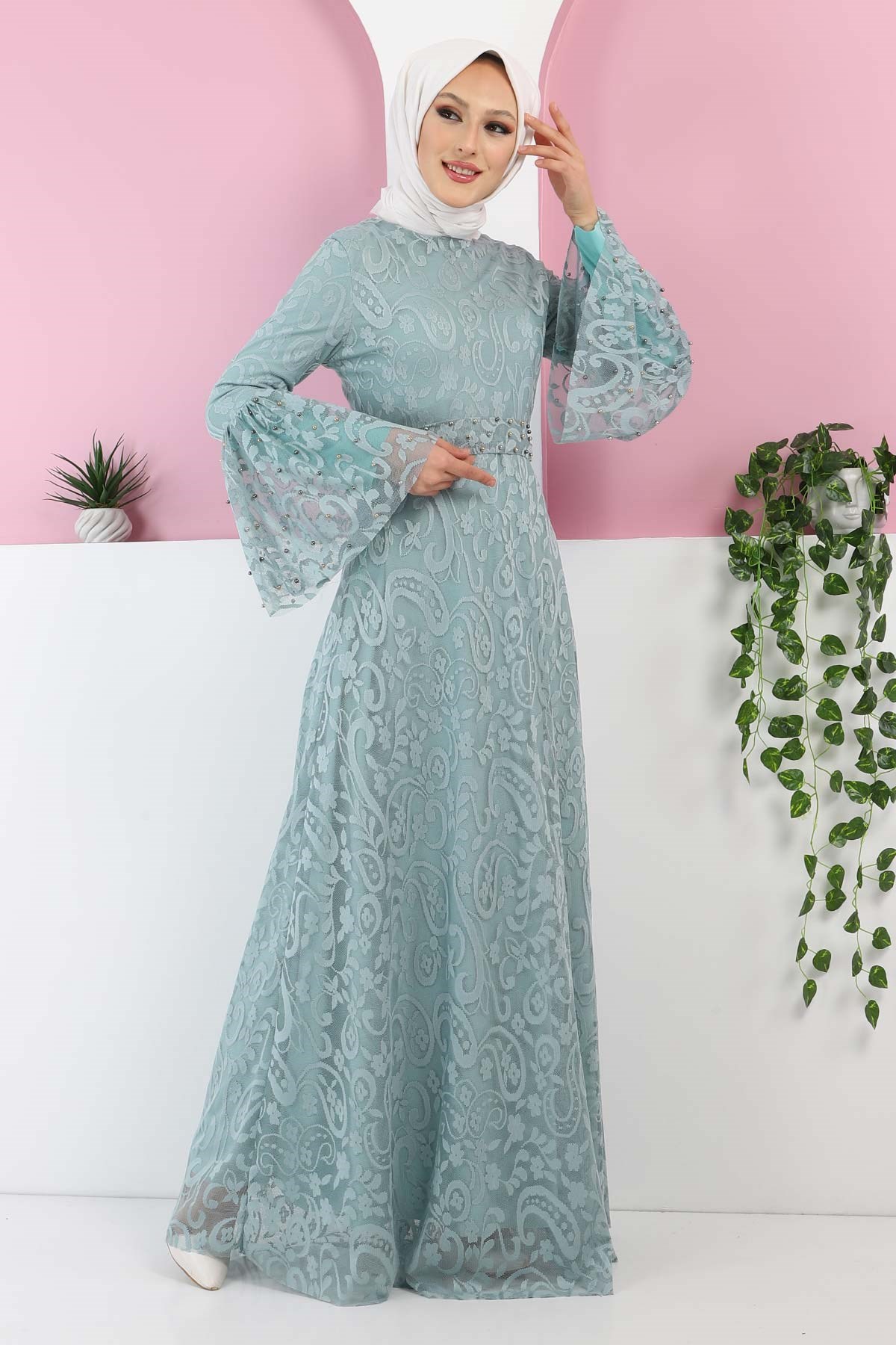 Kemeri İncili Dantel Elbise Mint 13302