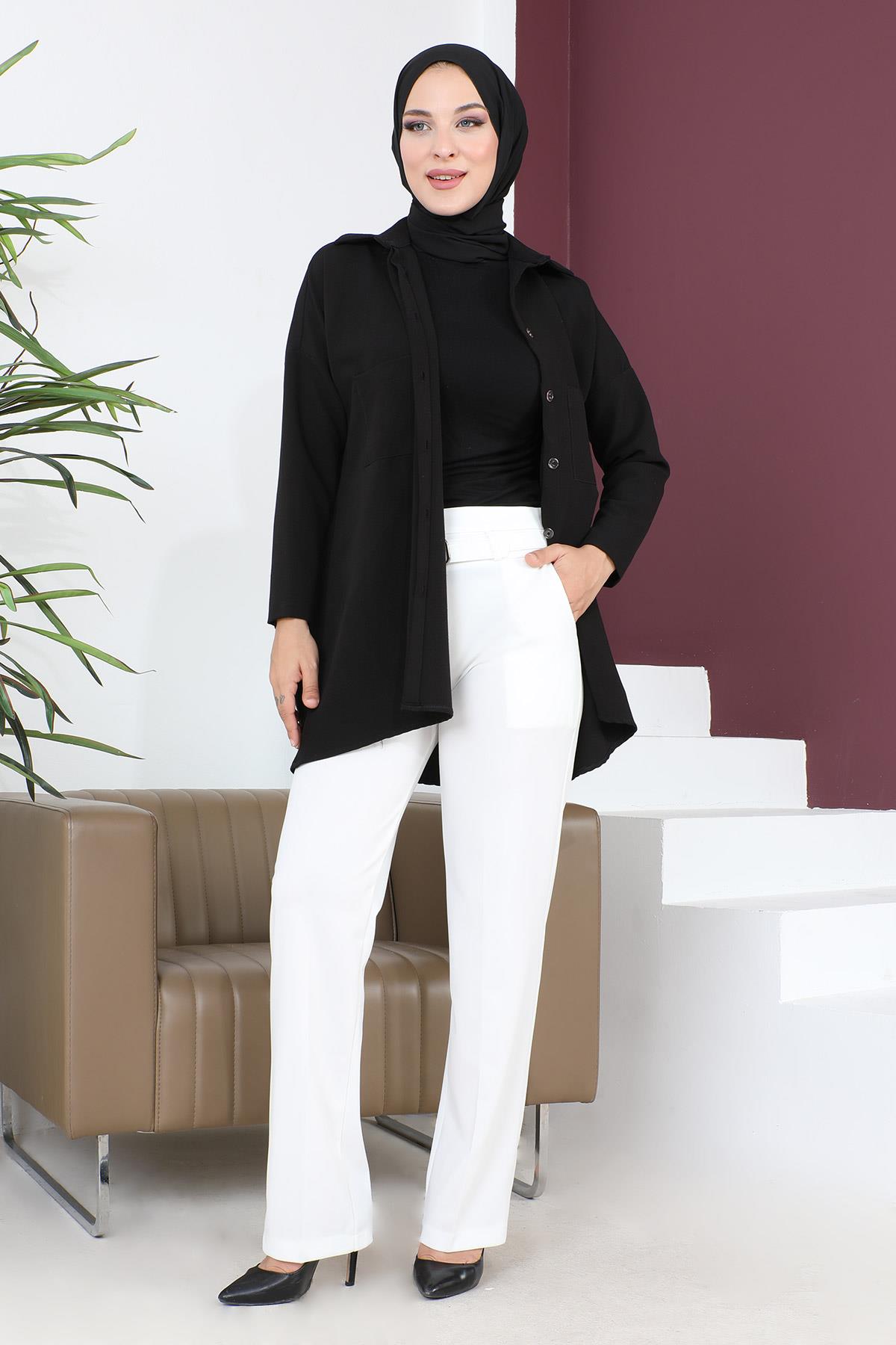 Kemerli Bol Paça Pantolon Beyaz 6084