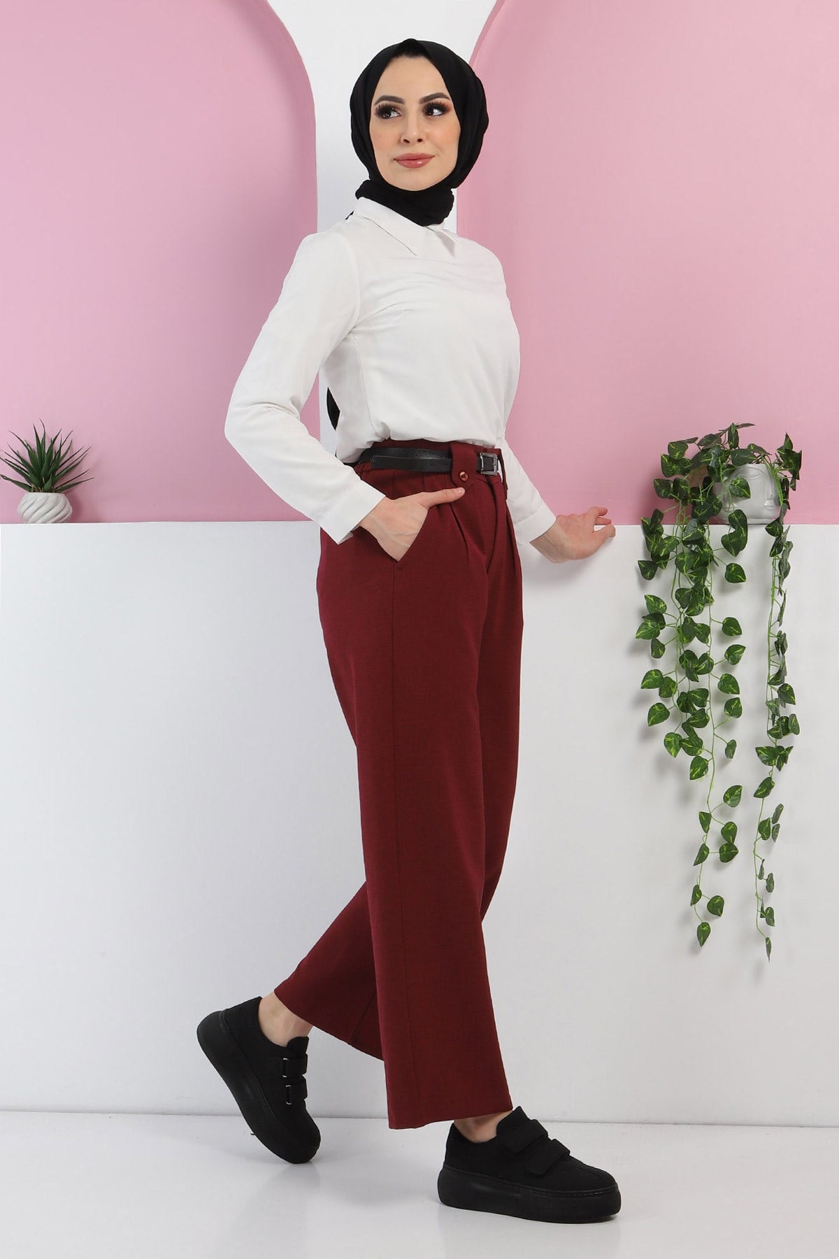 Kemerli Bol Paça Pantolon Bordo 6021