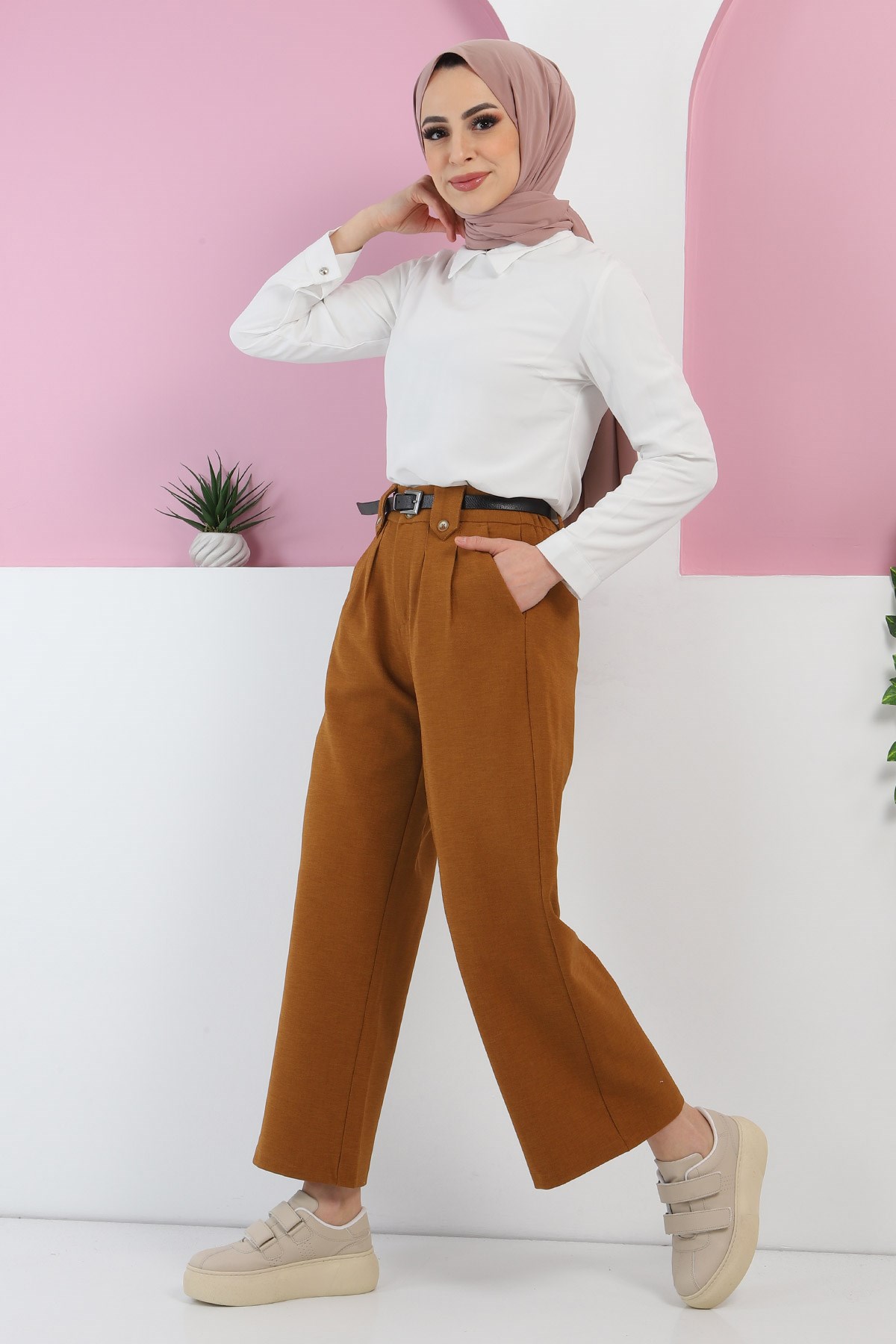 Kemerli Bol Paça Pantolon Taba 6021