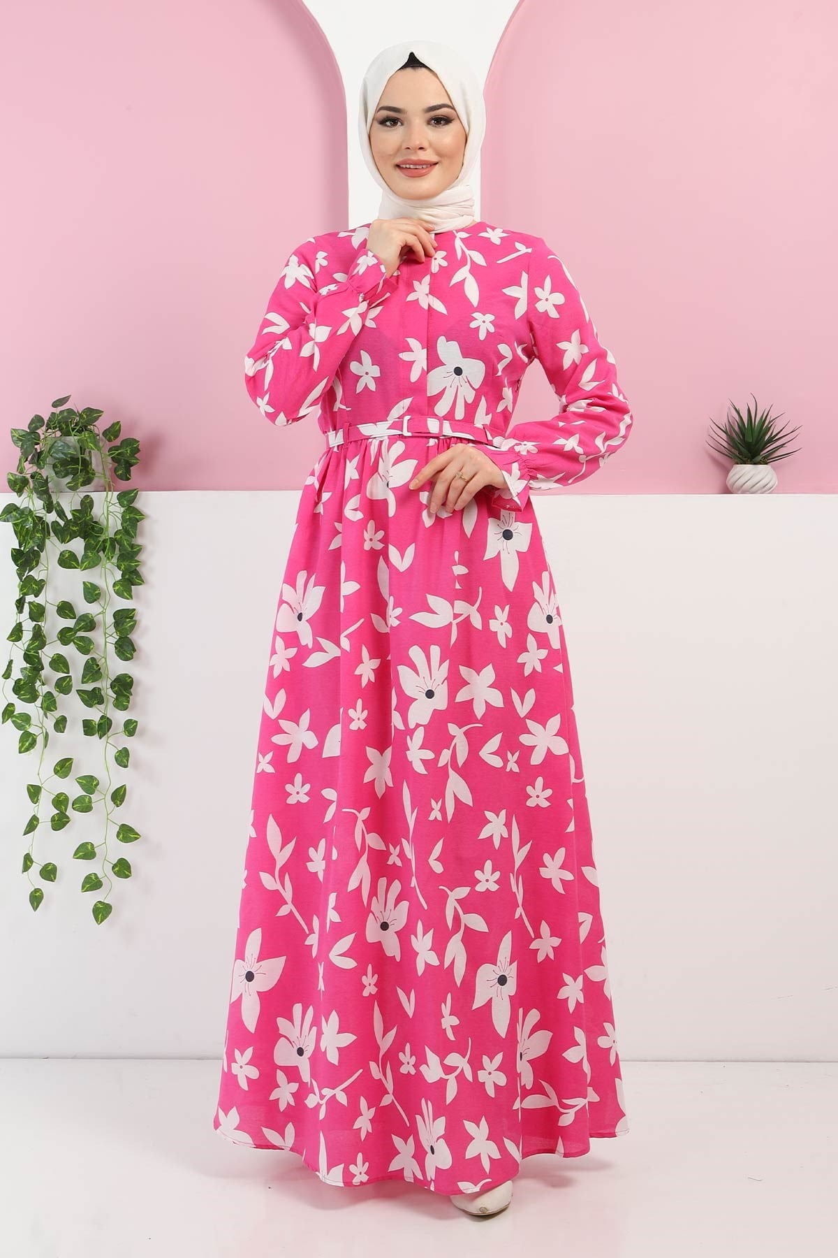 Kemerli Çiçekli Elbise Pembe 10433