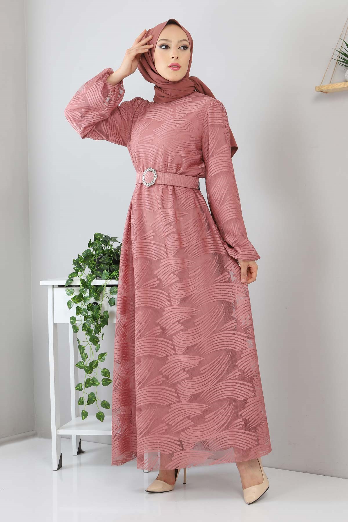 Kemerli Dantelli Elbise Gül Kurusu 13300
