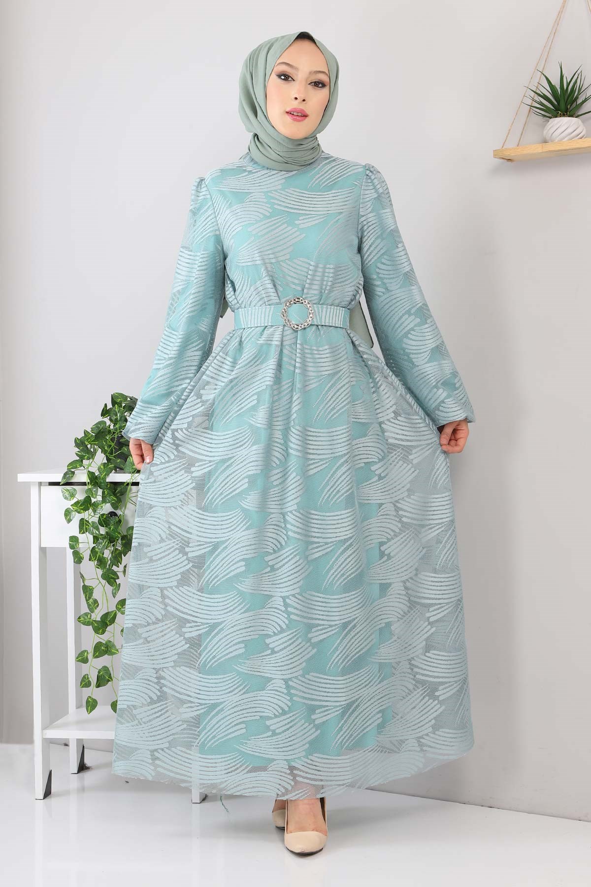Kemerli Dantelli Elbise Mint 13300