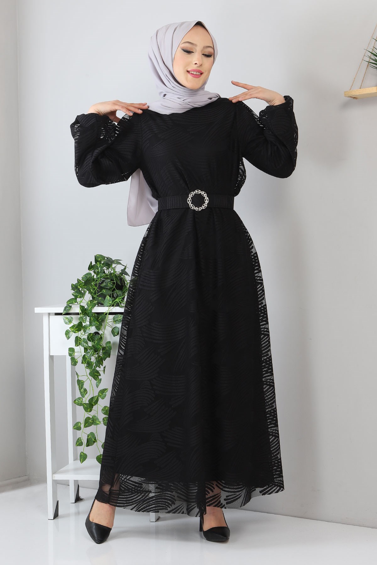 Kemerli Dantelli Elbise Siyah 13300