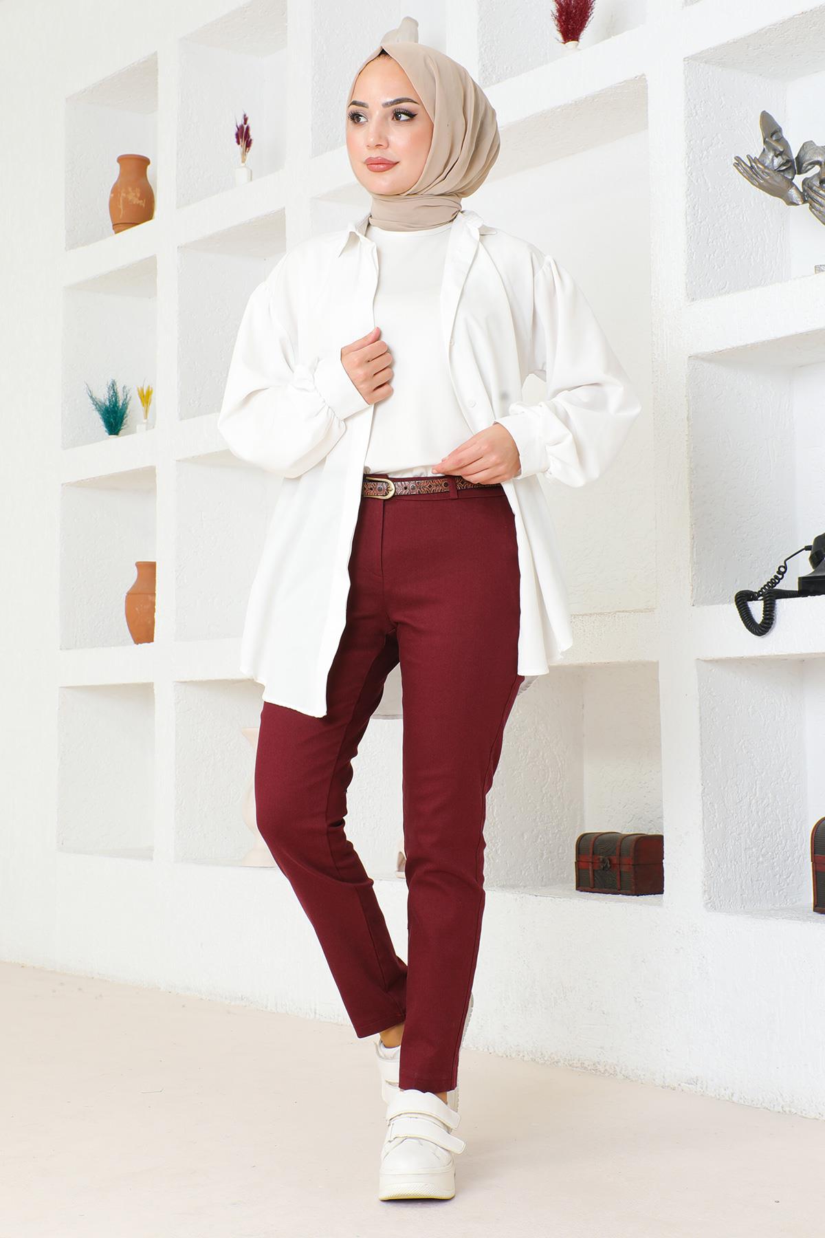 Kemerli Dar Paça Pantolon Bordo 6109