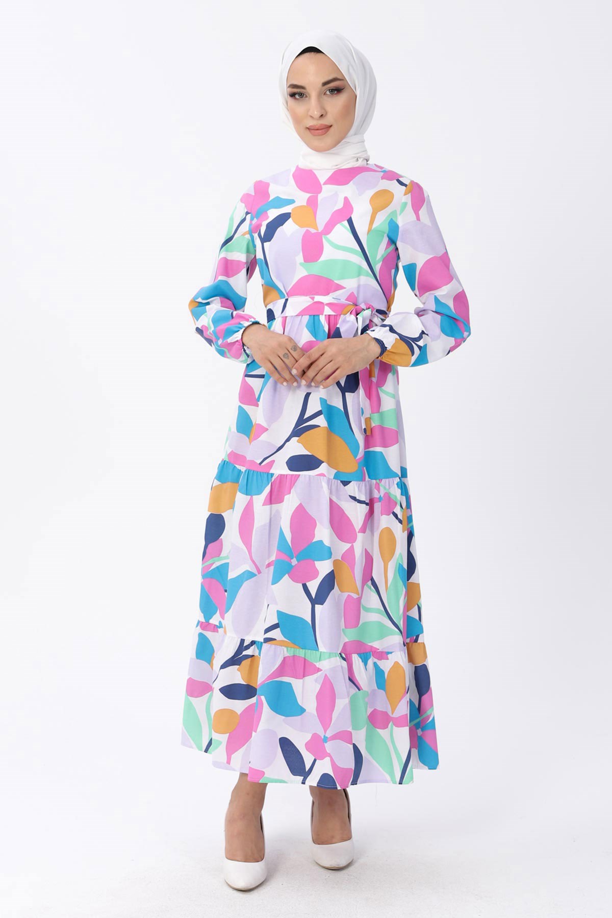 Kemerli Desenli Elbise Lila 13601