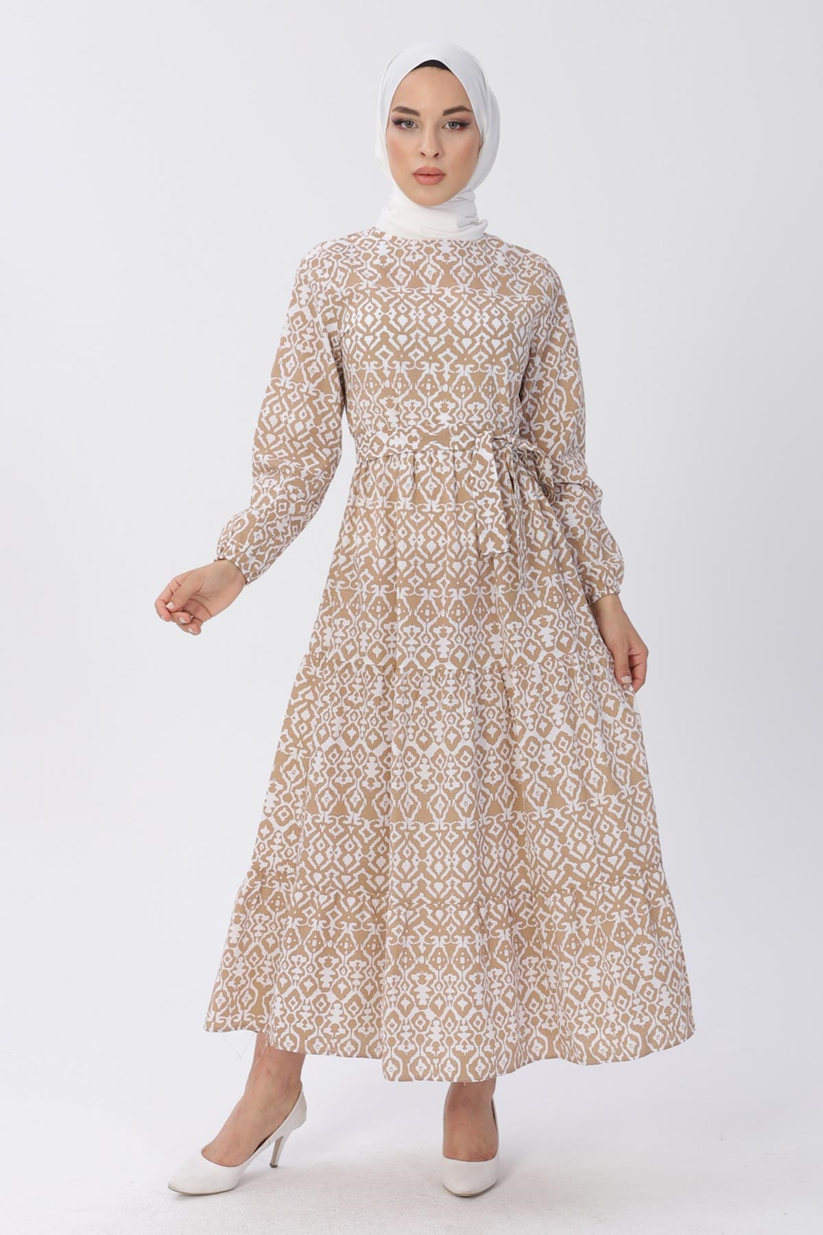 Kemerli Desenli Elbise Vizon 13601