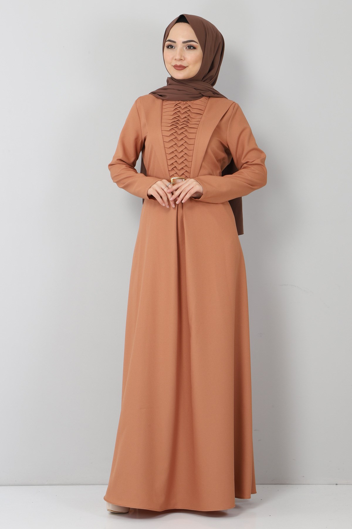 Kemerli Drapeli Elbise Taba 9910
