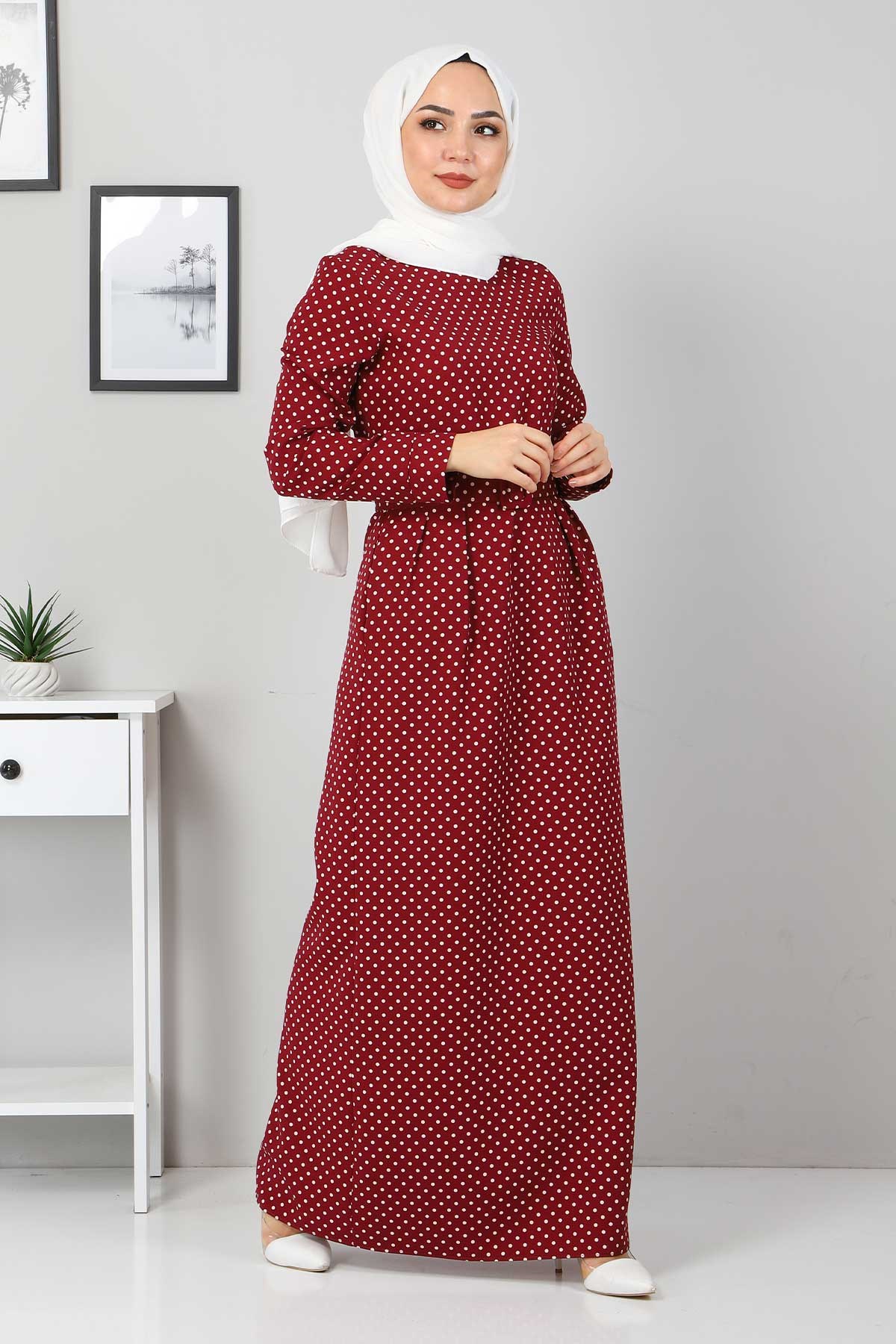 Kemerli Pileli Elbise Bordo 9512