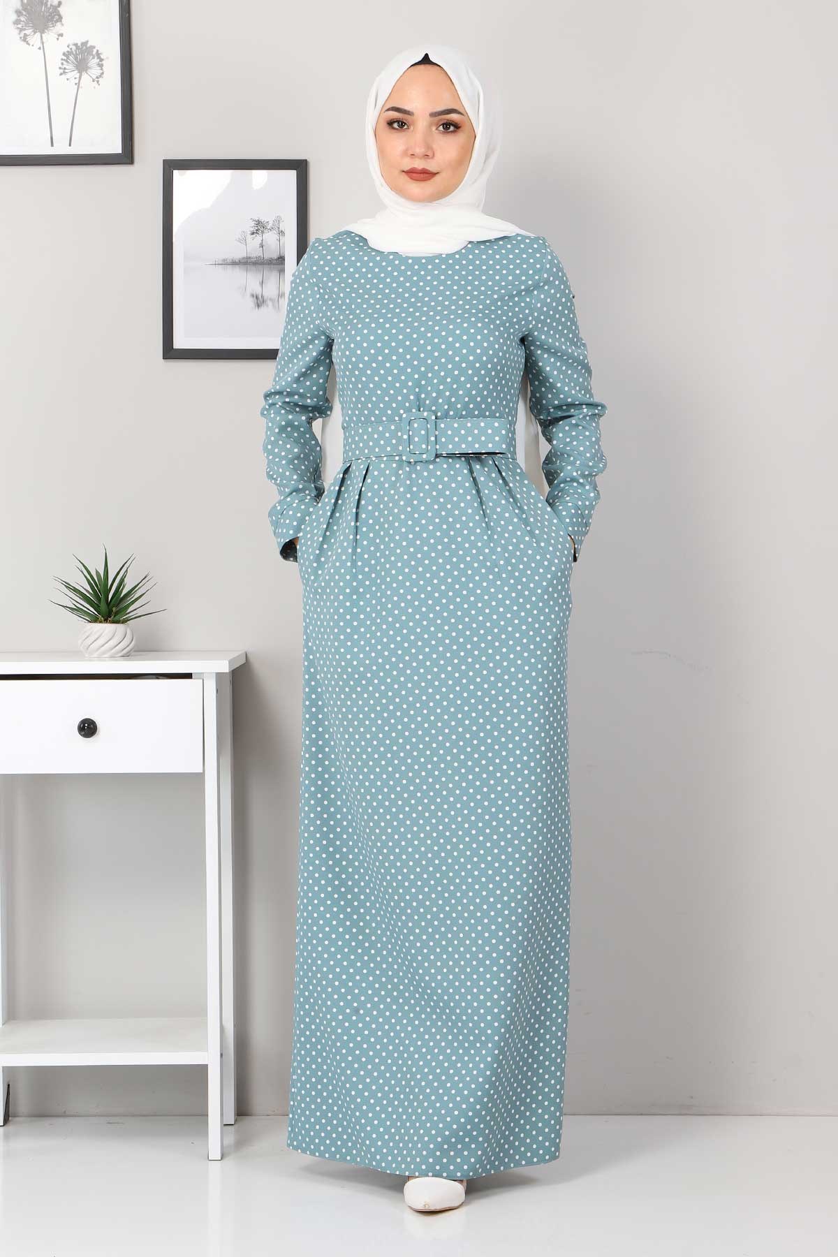 Kemerli Pileli Elbise Mint 9512