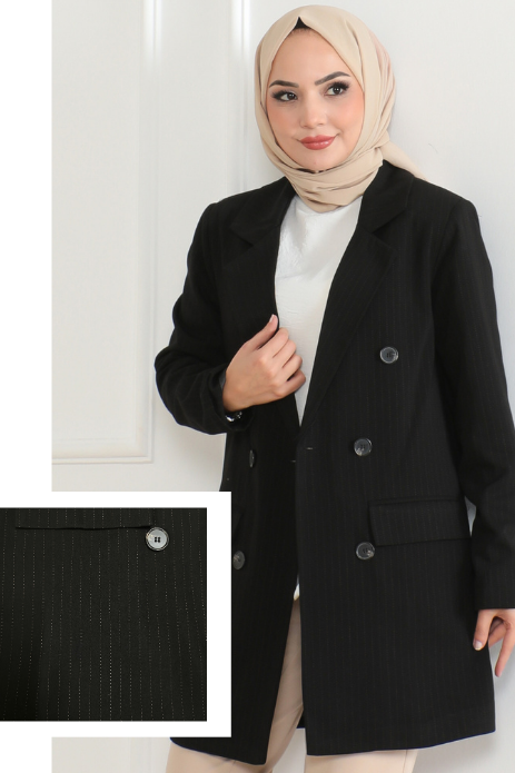 Klasik Çizgili Blazer Ceket Siyah 6110