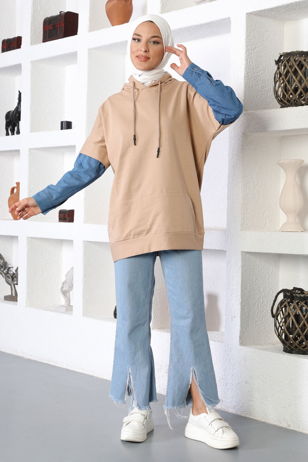 Kot Detaylı Sweatshirt Vizon 6041