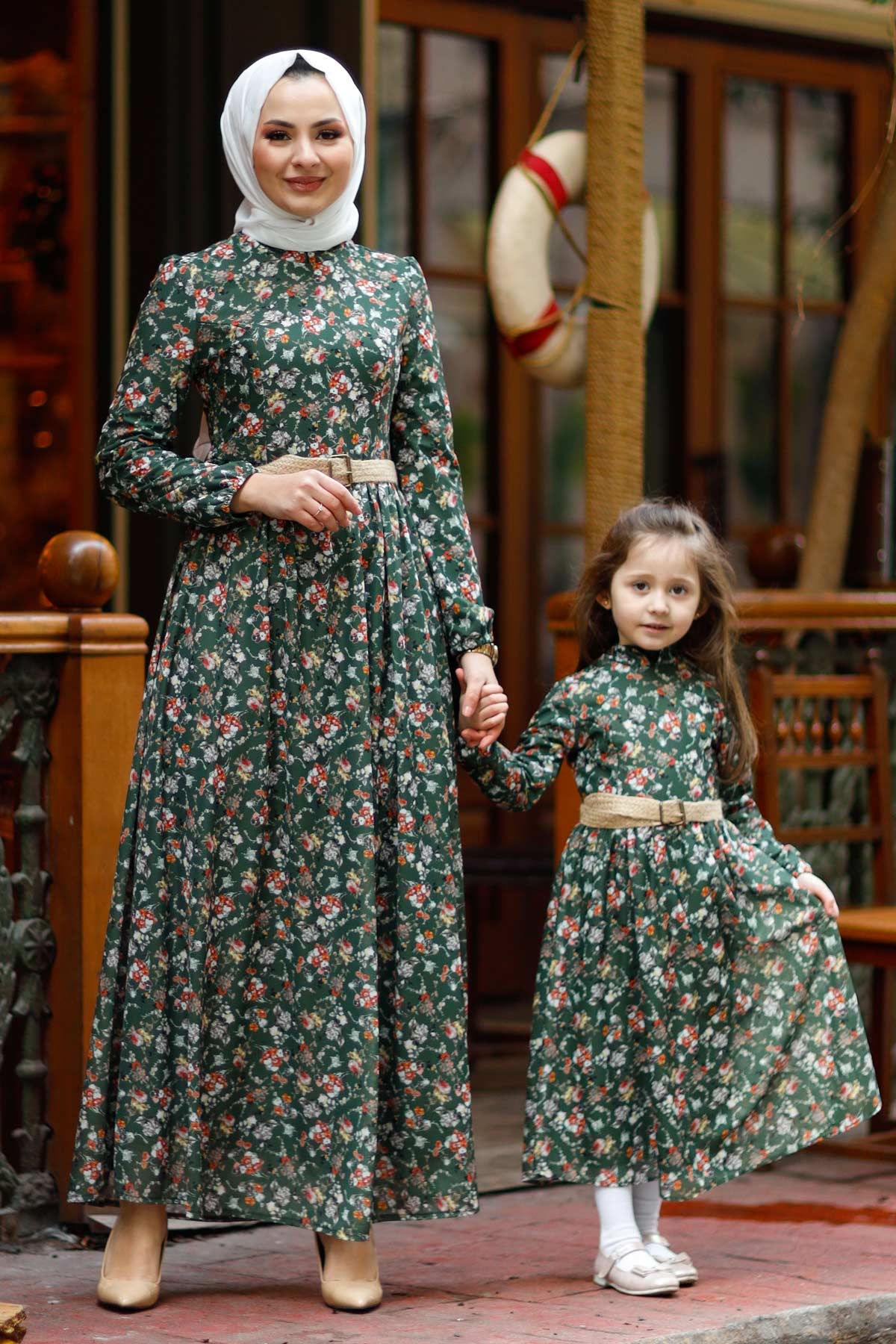 Küçük Çiçekli Çocuk Elbise Haki 10480-6