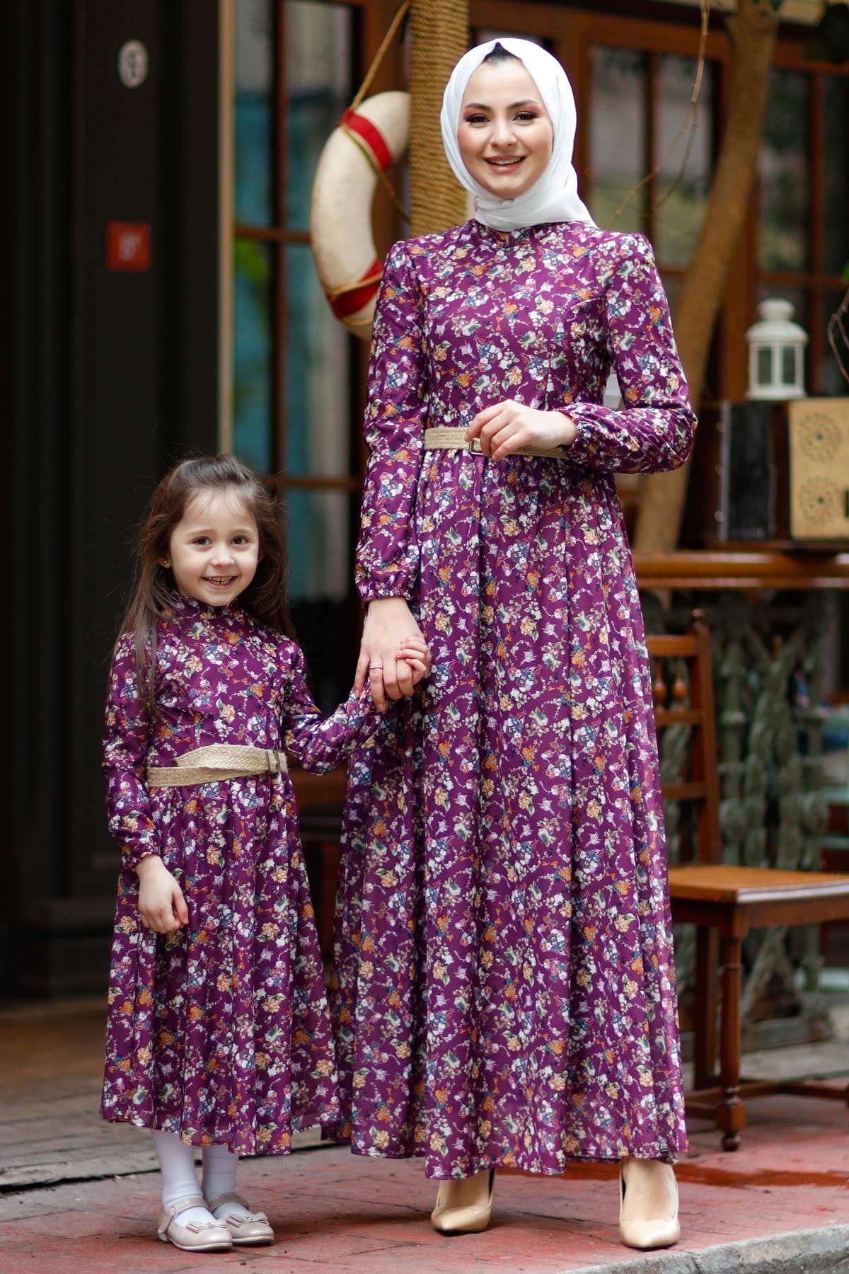 Küçük Çiçekli Çocuk Elbise Mürdüm 10480-6