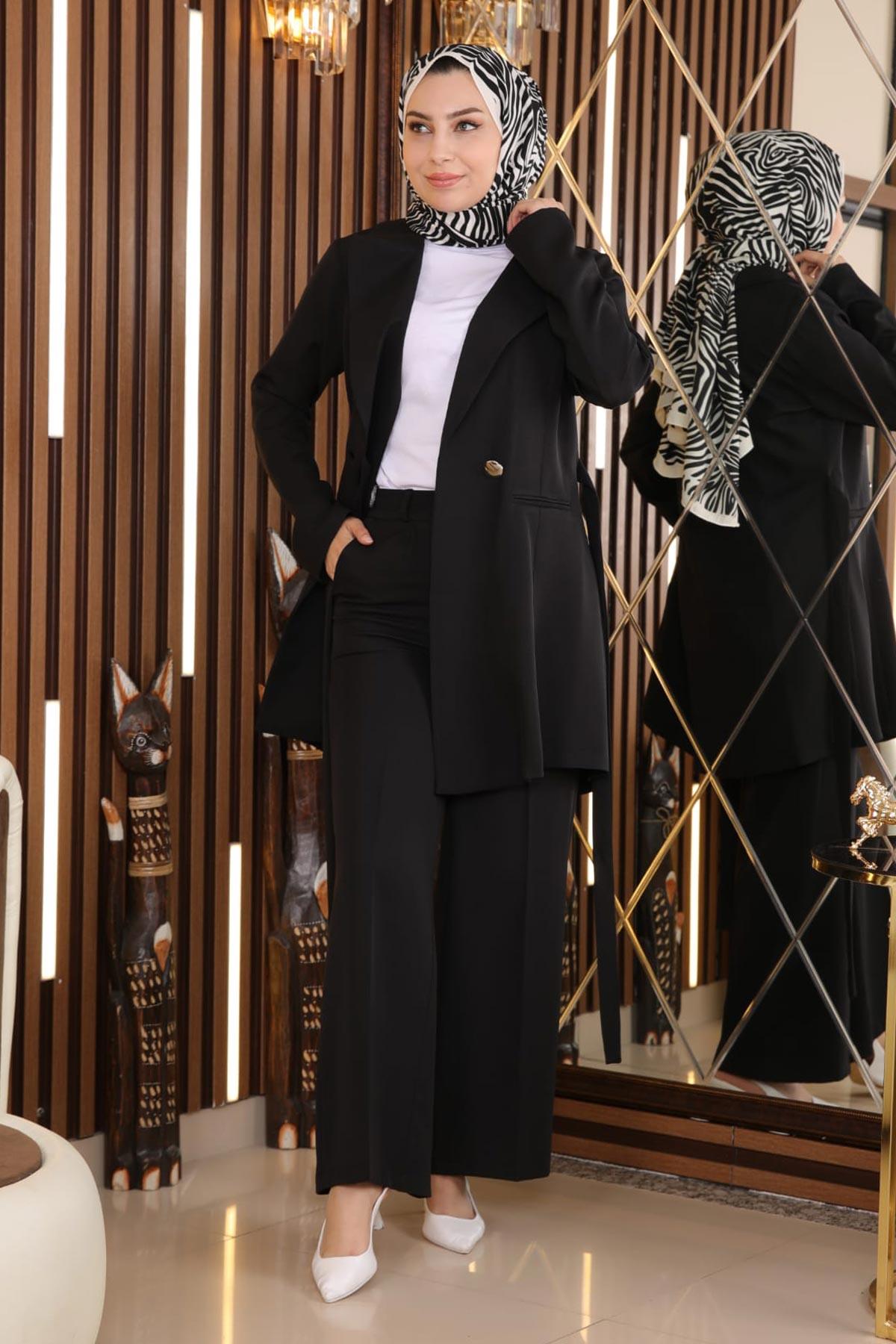 Kuşak Detaylı Takım Siyah Siyah MSW19106-1