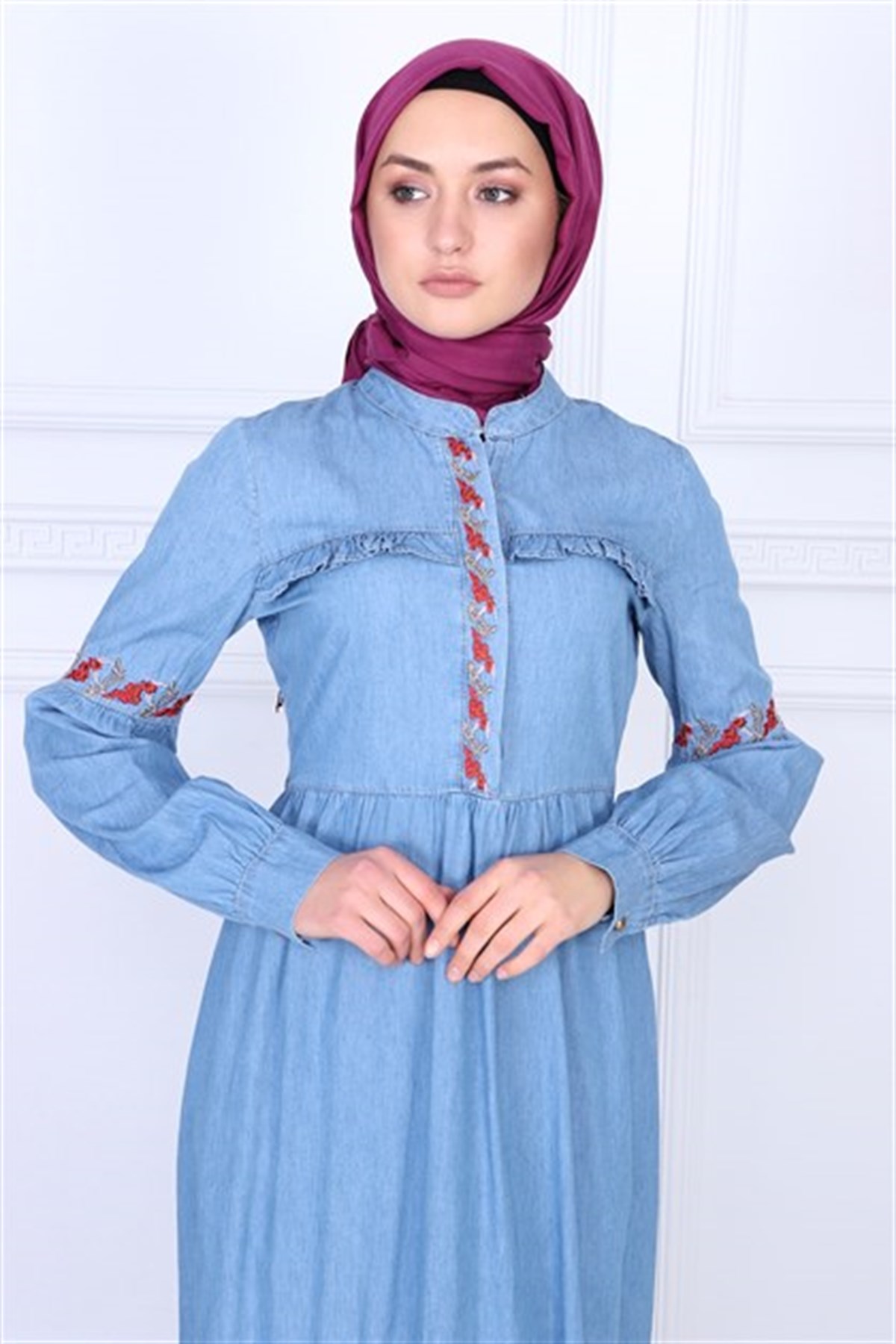 Kuşaklı Tesettür Kot Elbise Açık Açık Kot 9758-1-48