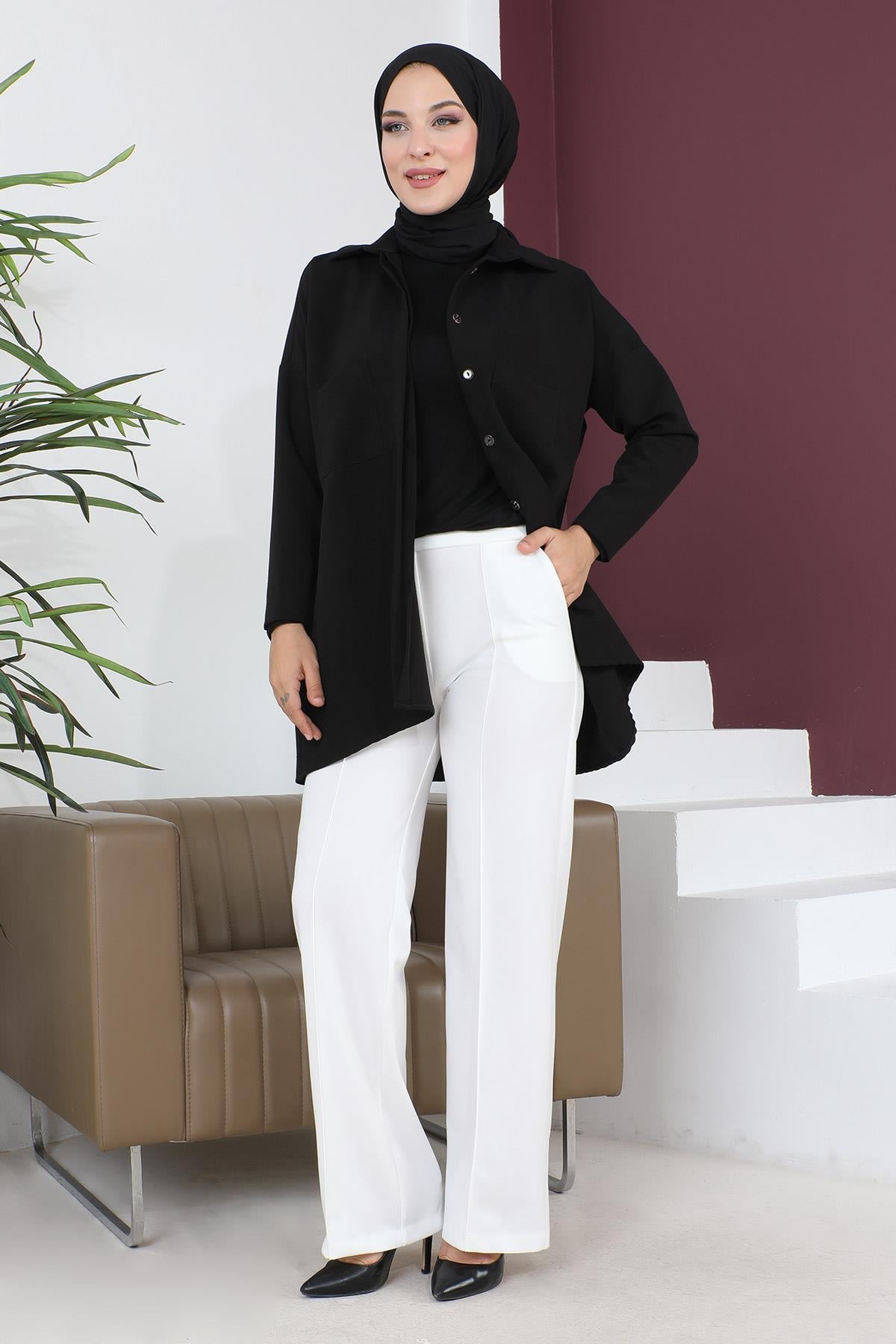 Lastikli Kumaş Pantolon Beyaz 6087