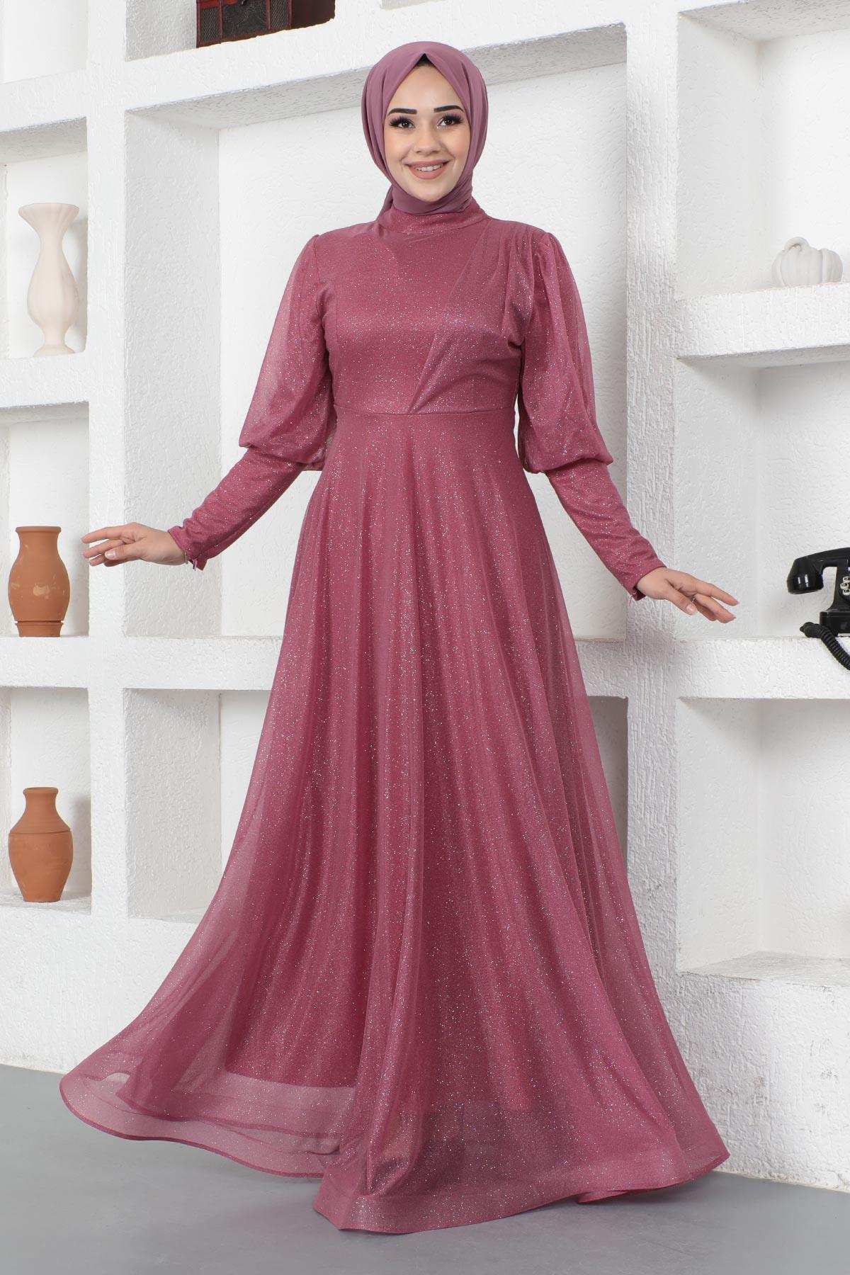 Manşeti Fermuar Detaylı Simli Abiye Gül Kurusu 12253