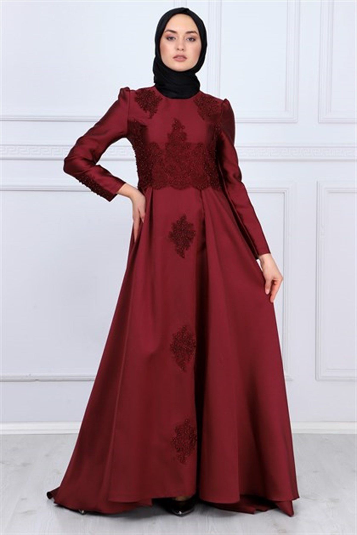 Micro Kumaş Detaylı Tesettür Abiye Bordo Bordo 8619-7-48