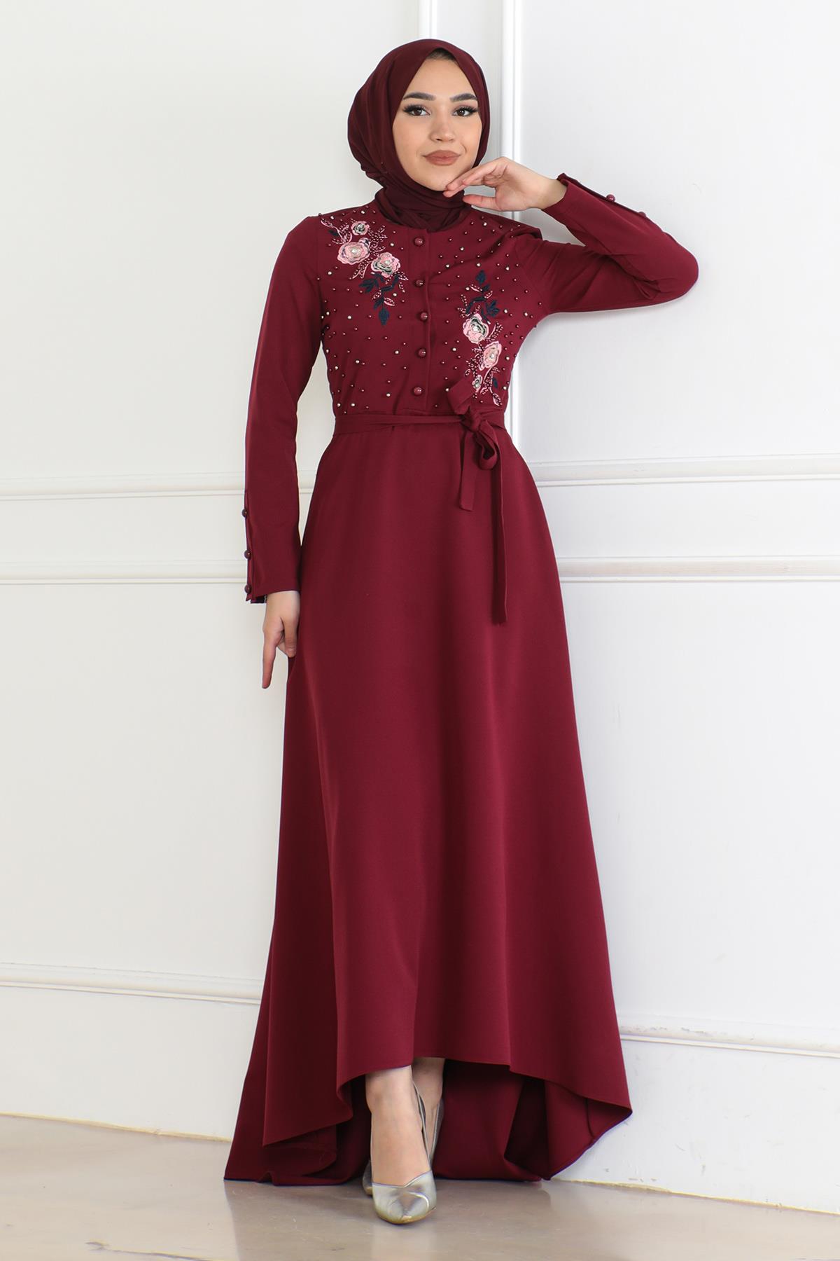 Nakış Detaylı Elbise Bordo 6119
