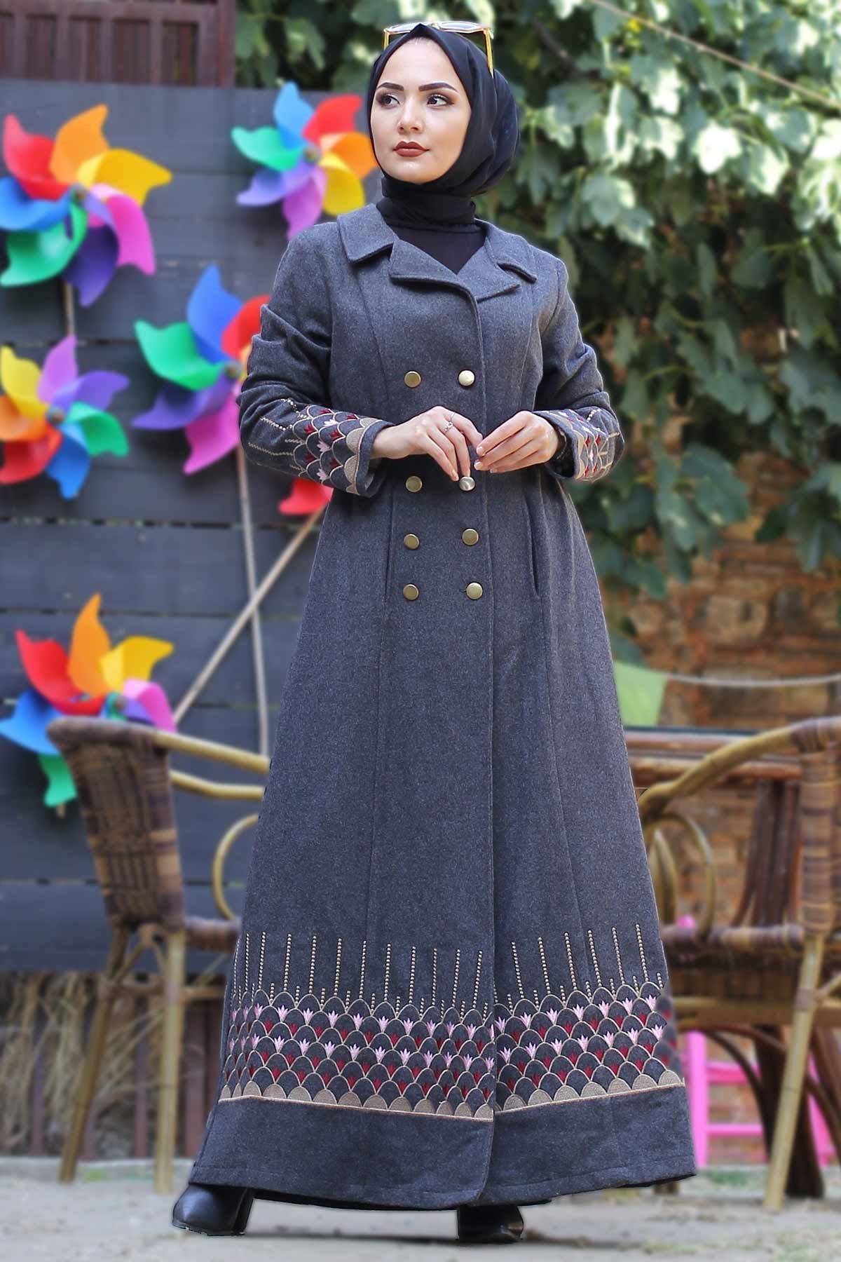 Nakış Detaylı Tesettür Kaşe Füme Füme 10159-5