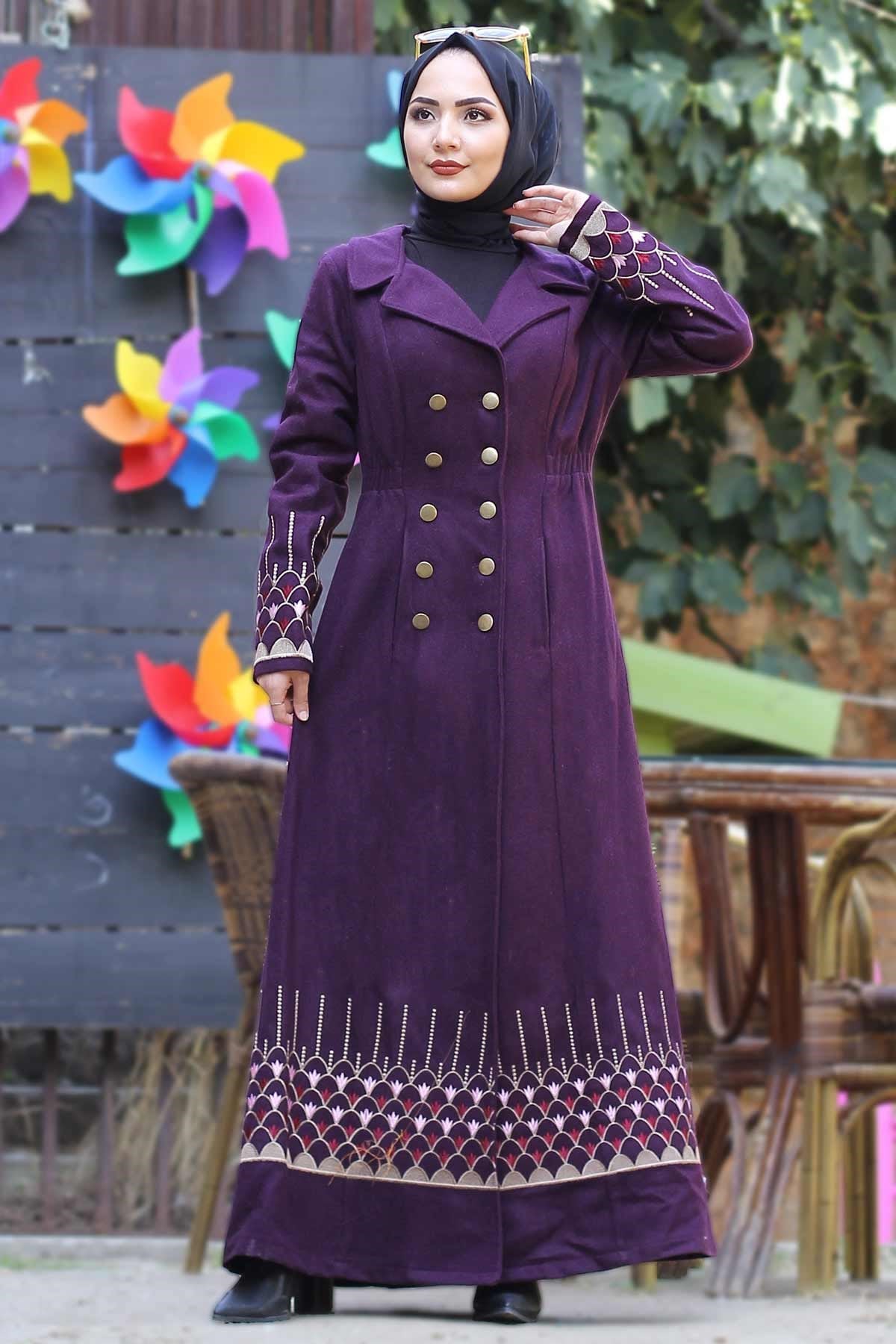 Nakış Detaylı Tesettür Kaşe Mor Mor 10159-7
