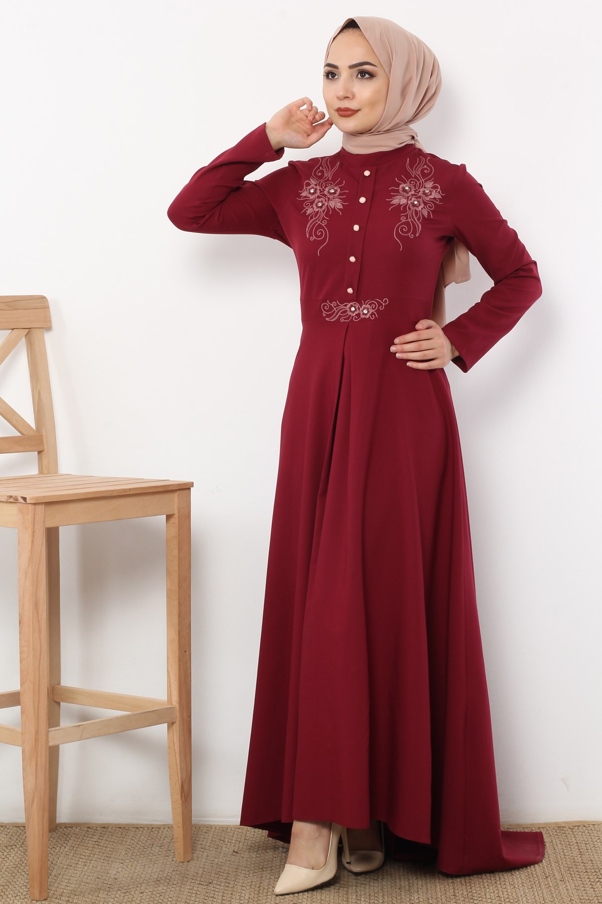 Nakışı Taşlı Tesettür Elbise Bordo Bordo 8857-7