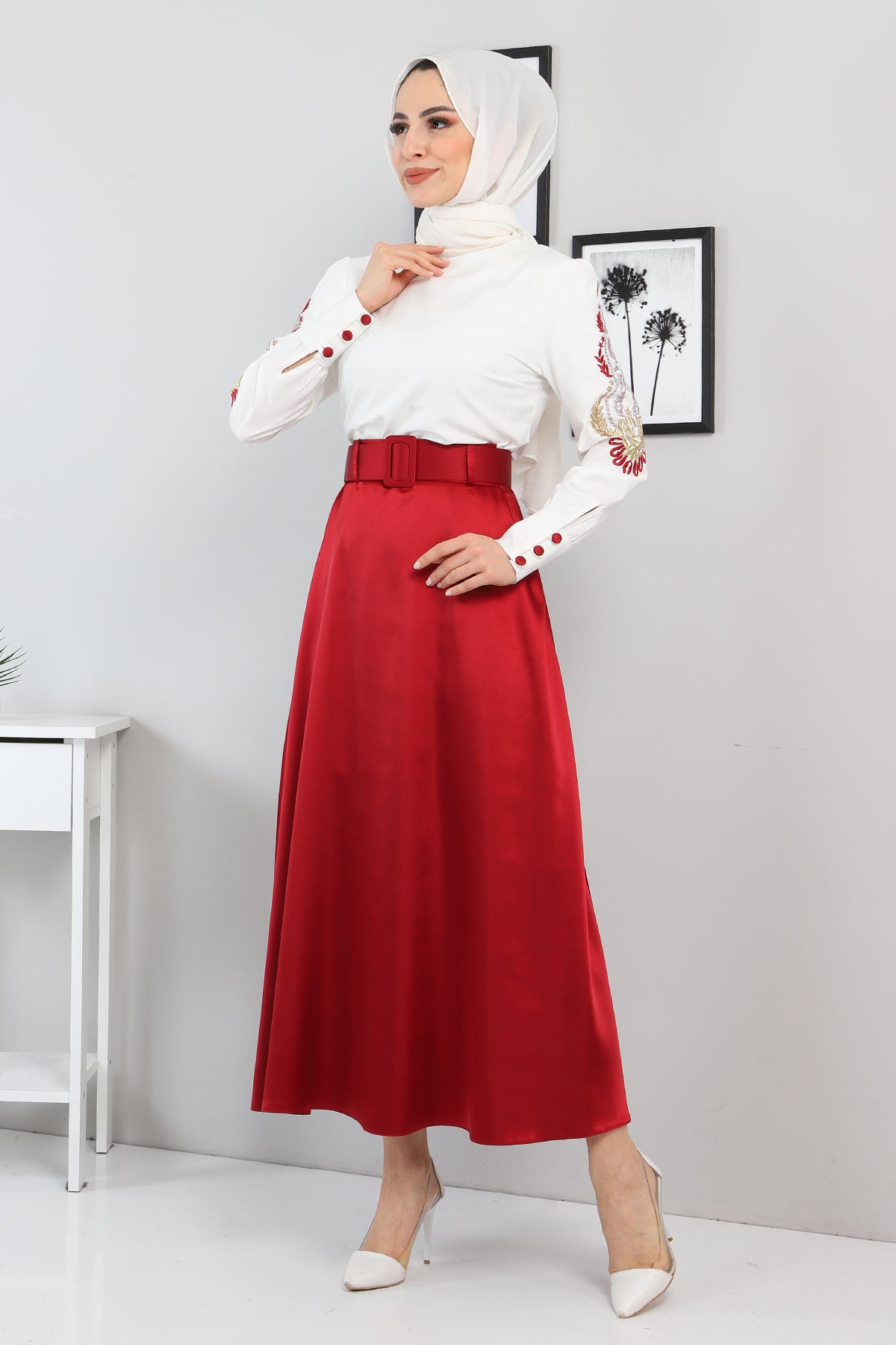 Nakışlı Etekli Takım Bordo 8580