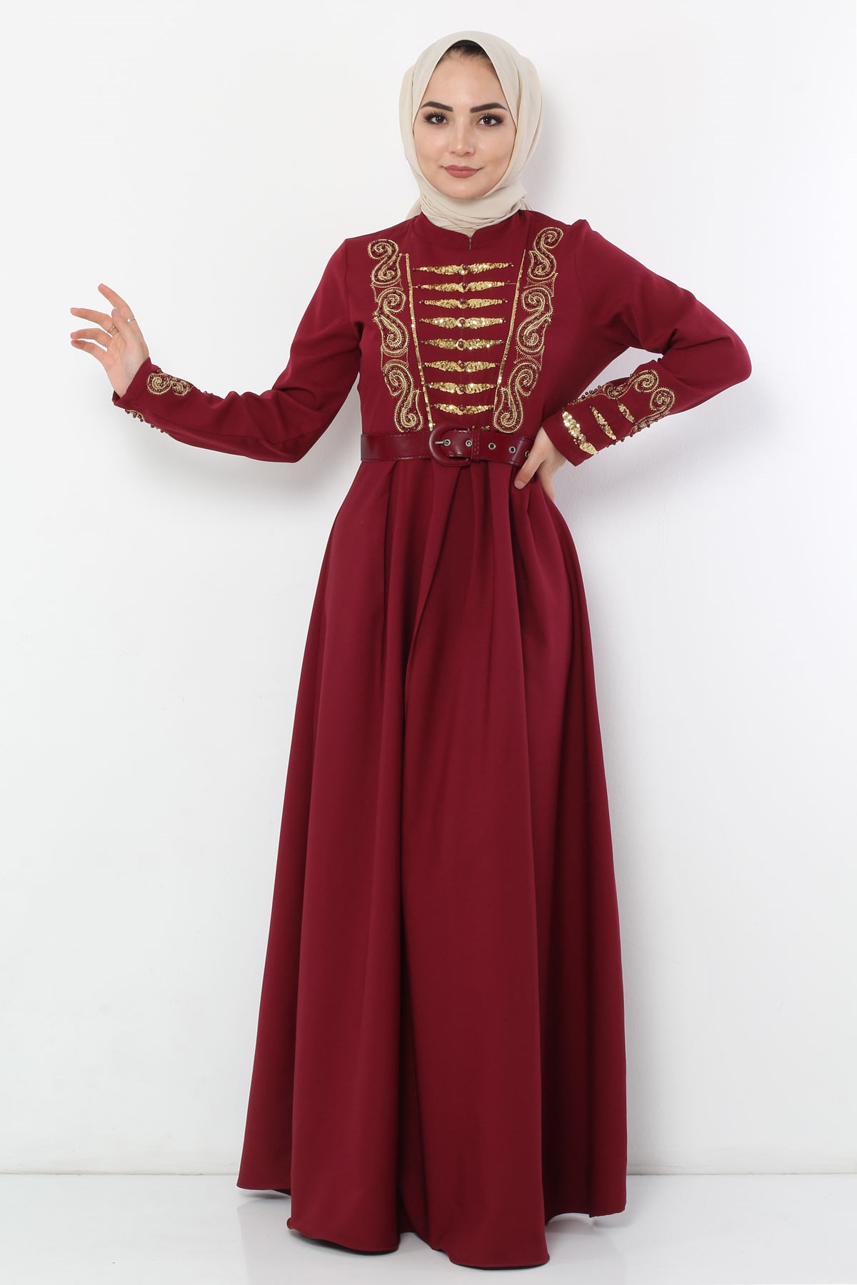 Nakışlı İncili Tesettür Elbise Bordo Bordo 10065-1
