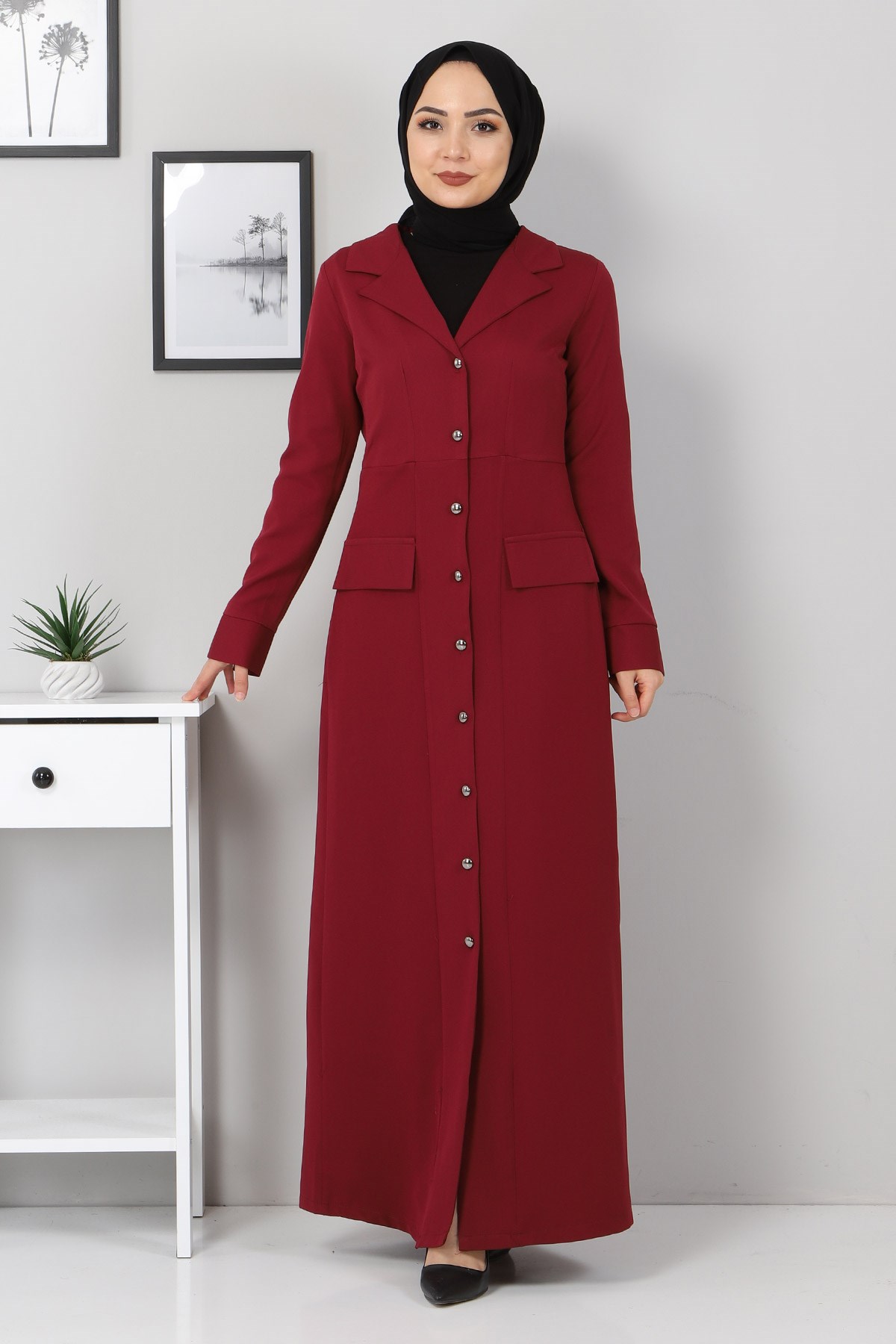 Önden Düğmeli Elbise Bordo 10429