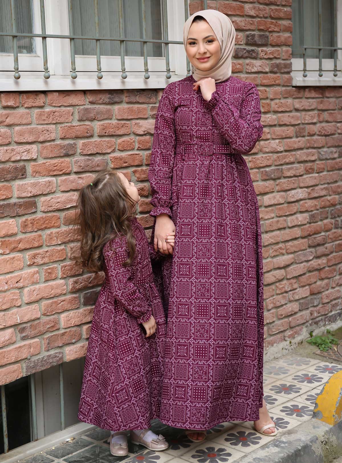 Pano Desenli Çocuk Elbise Mürdüm 10577