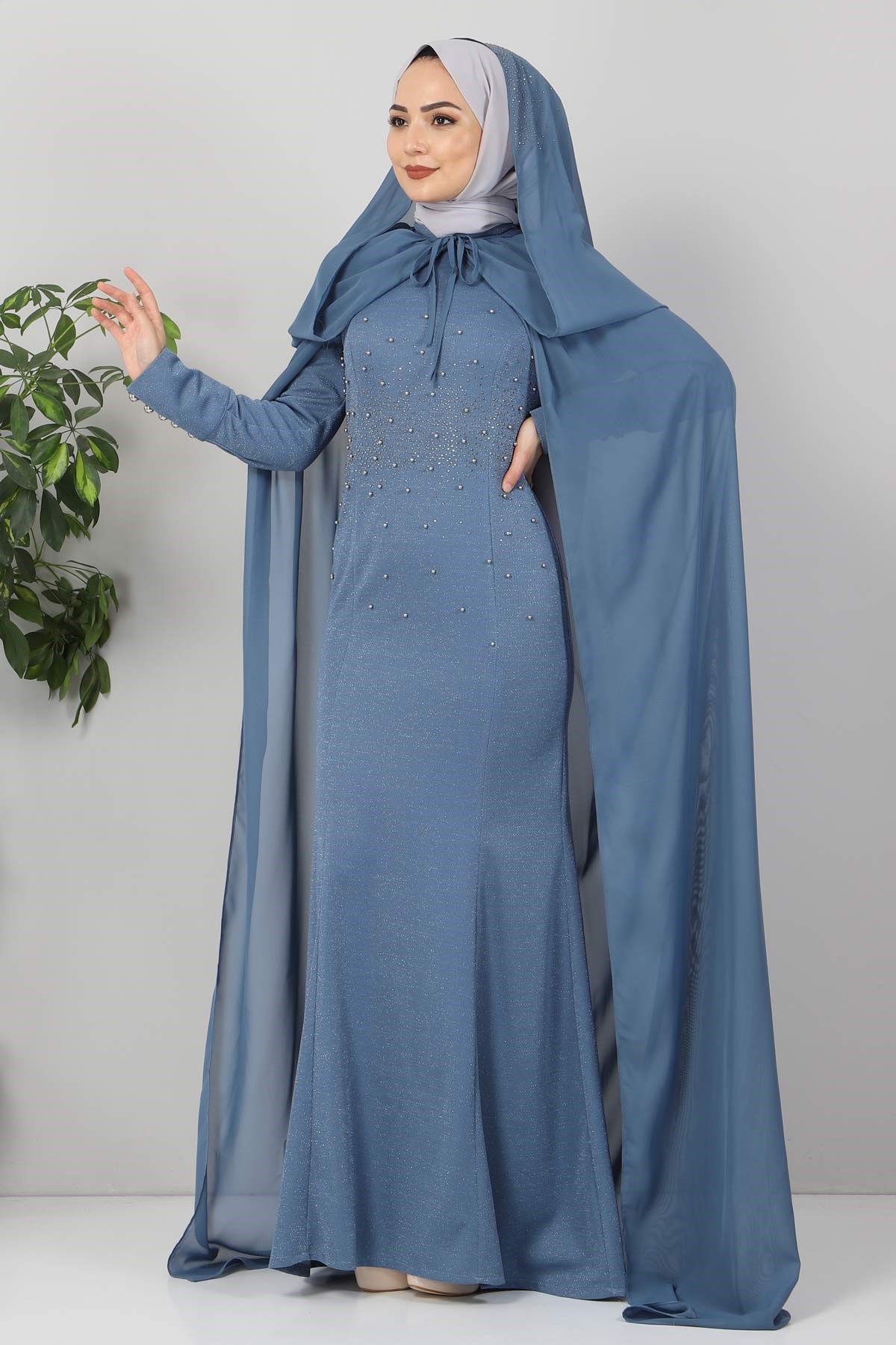 Pelerinli İnci Detay Tesettür Elbise Mavi 8127-3 - Modamihram