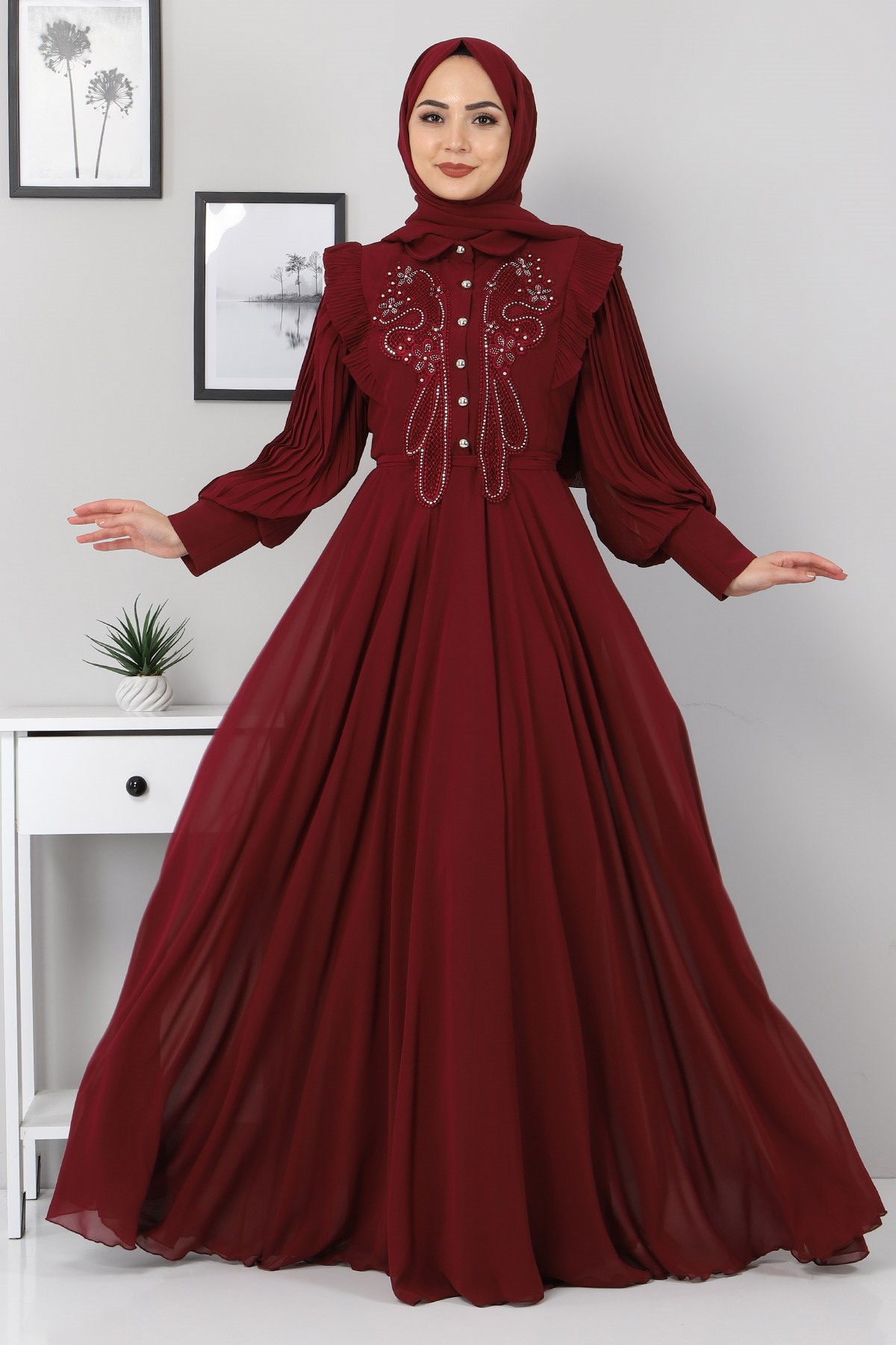 Piliseli İncili Abiye Bordo 9780