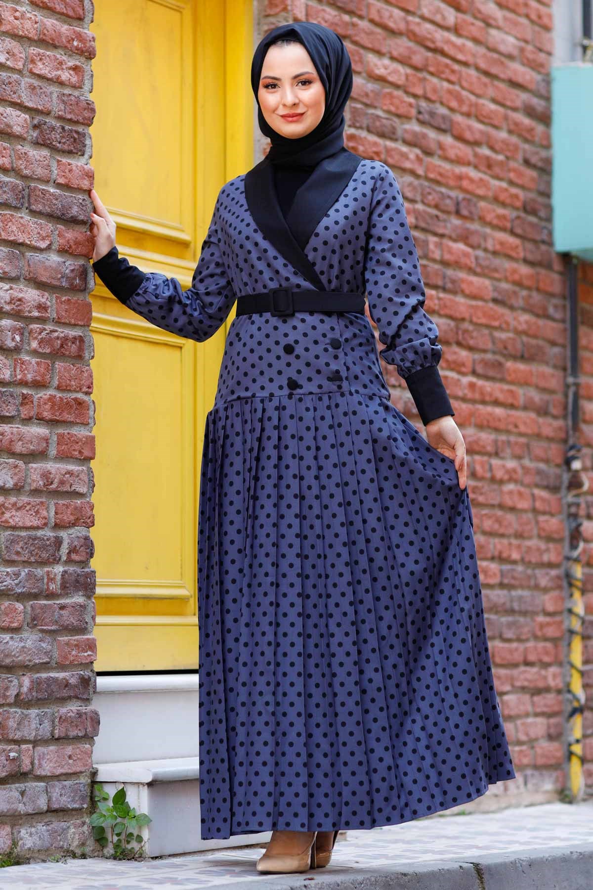 Piliseli Puantiyeli Tesettür Elbise Antrasit Antrasit 10026-4